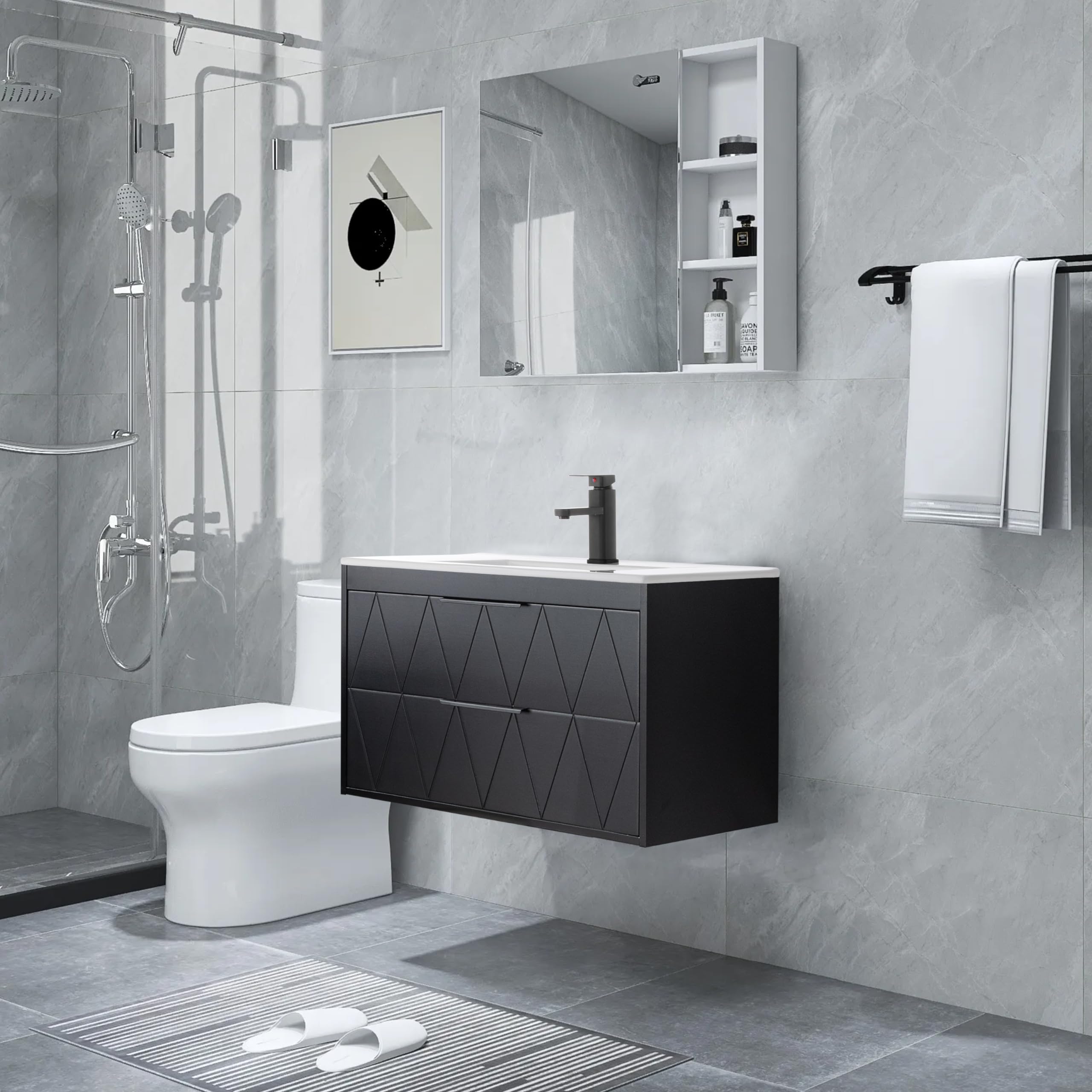 UEV Waschtisch mit Unterschrank, Waschbeckenunterschrank 75cm hängend, Waschbecken aus Keramik, Badezimmmer Möbel für Gäste WCmodern, Soft-Close, schwarz