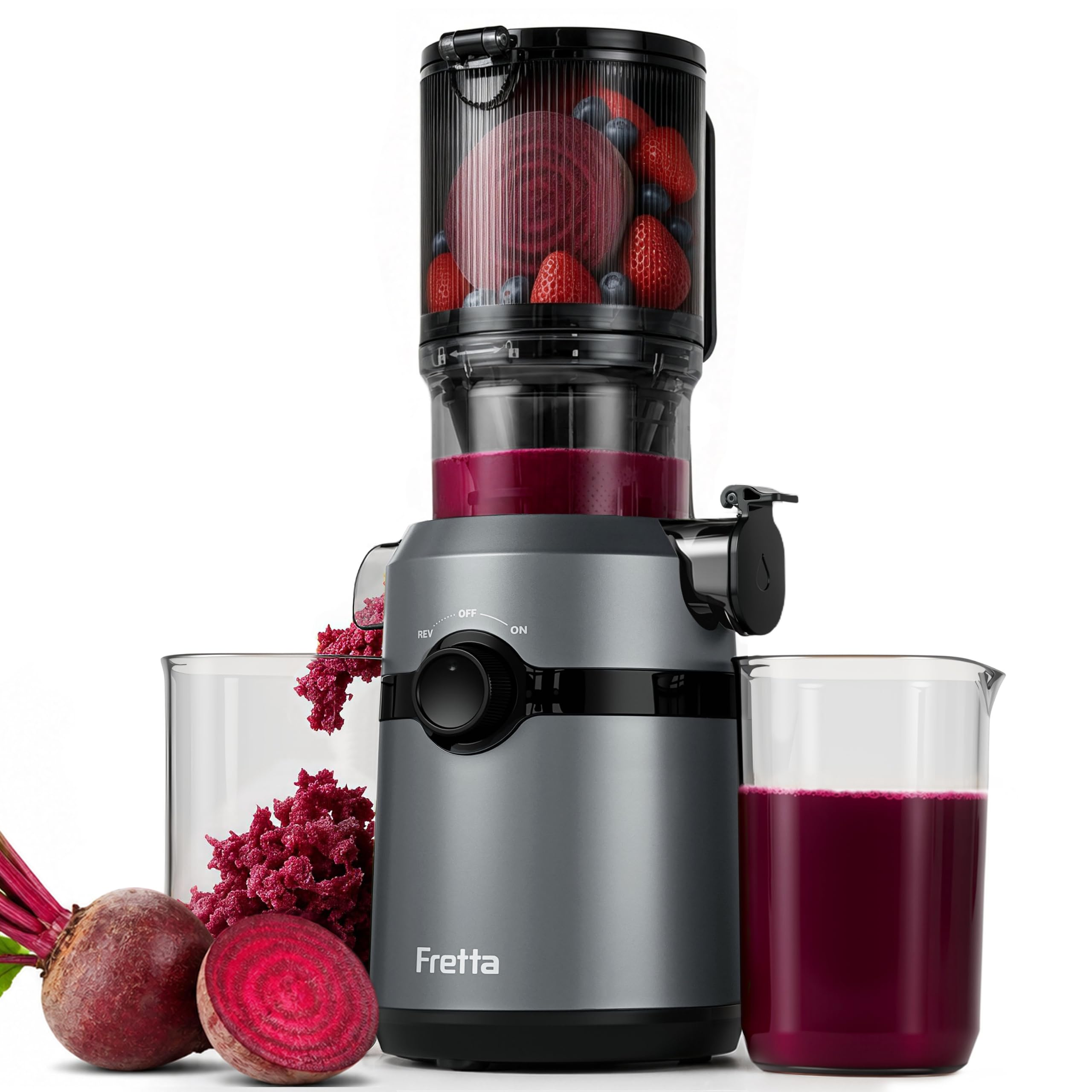 Fretta Extractor de Zumos y Verduras, Apertura de 108MM y Capacidad de 1L, Licuadora Prensado en Frio para Verduras Frutas Enteras, 200W Slow Juicer Machine, Fácil Montaje y Limpieza, Sin BPA (Gris)