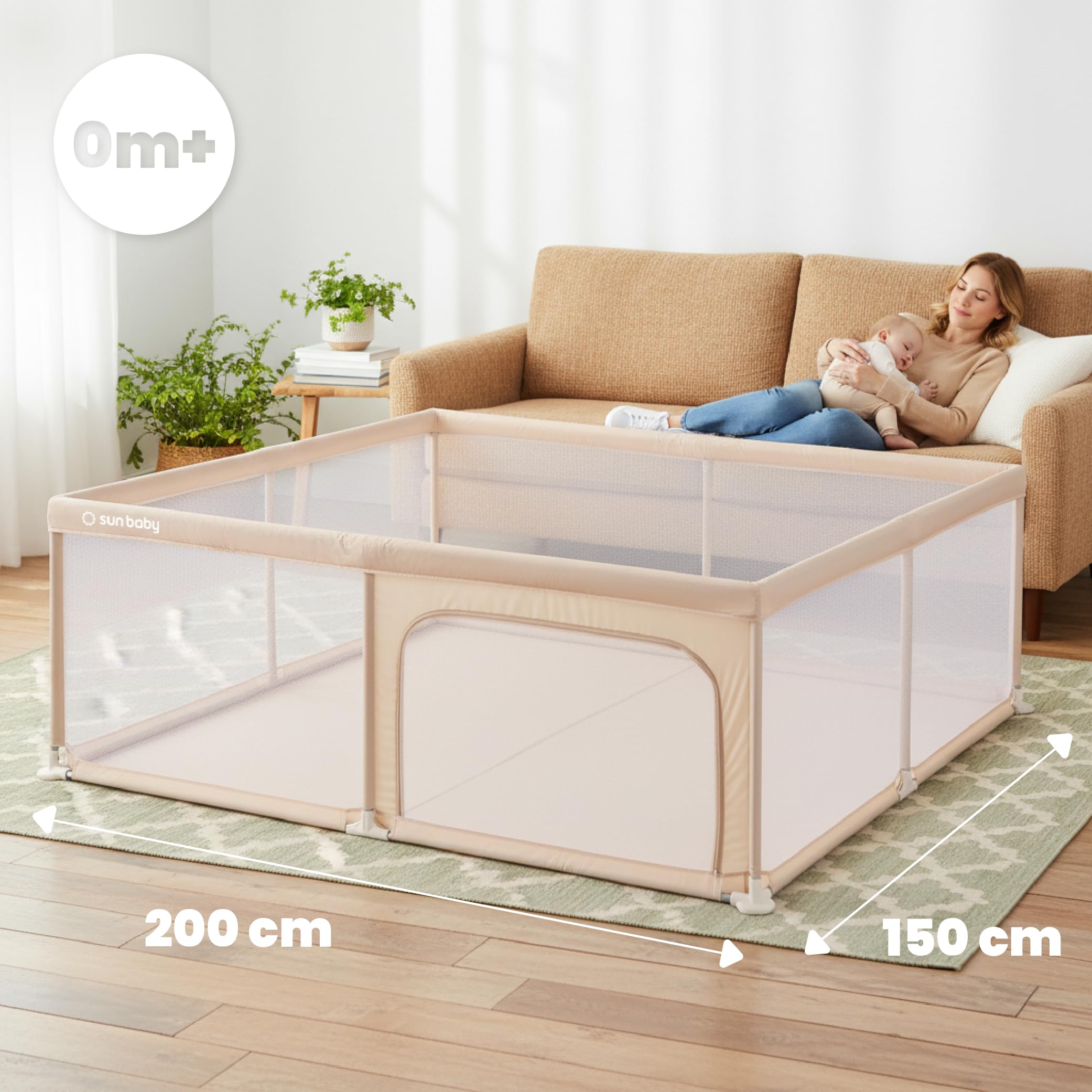 sun baby Parc Enfant 150x200 cm 0-2 ans Beige, polyester, parois en filet, entrée zippée, pieds antidérapants, sac de transport inclus, cadre en métal