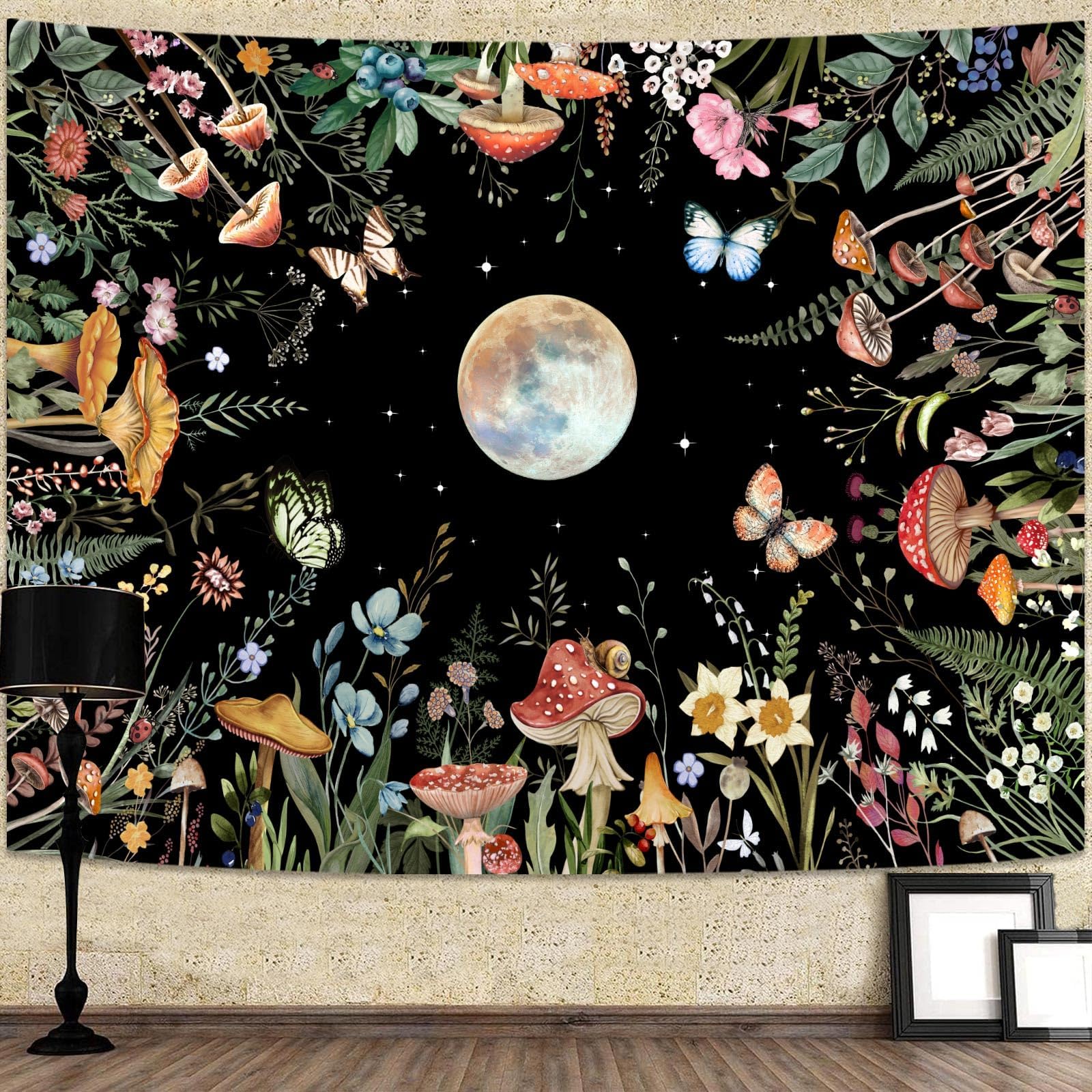 AMM Moon Garden Tapestry Moonlit Green Plant Botanical Mushroom Flowers Tapestry Wall Hanging Black Nature Floral Butterfly Aesthetic Tapestries for Bedroom Dorm Living Room (48'' × 36'')