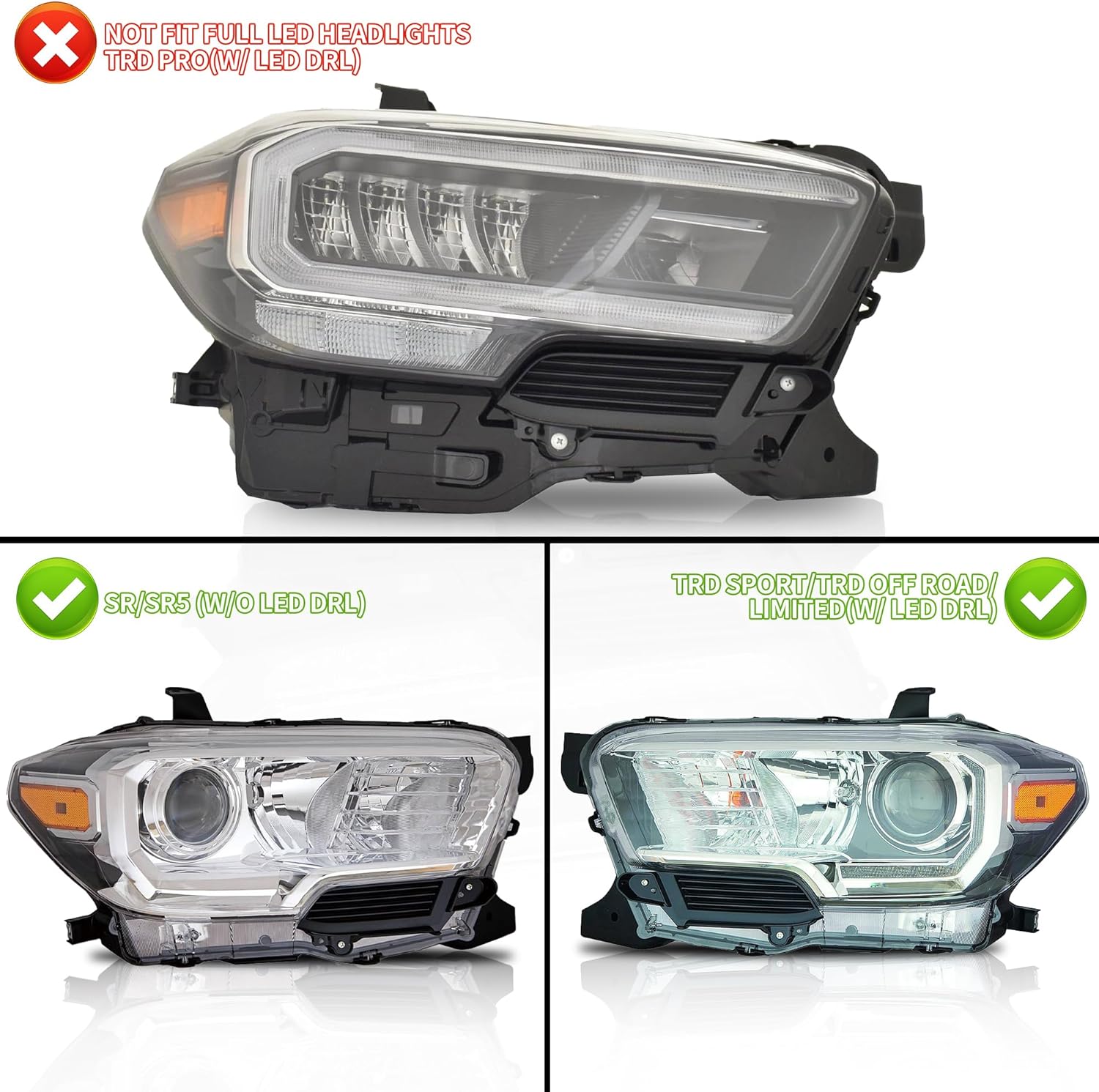 VLAND LED Headlights Compatible with Tacoma 3rd Gen N300 Pickup Truck 2016-2023 w/LED DRL w/Reflective Bowl Amber Reflector Front Lamp Set, No Need Extra Bulbs