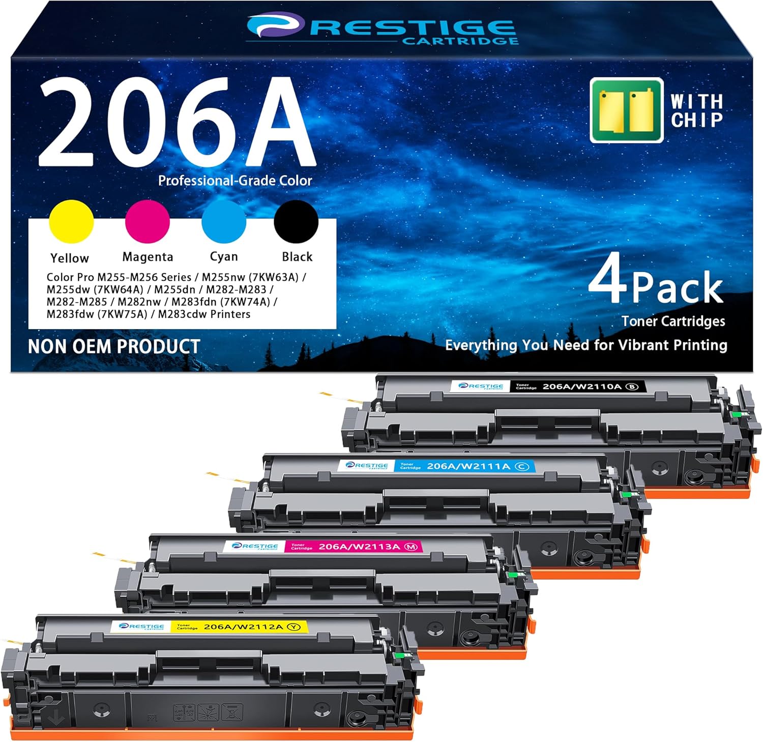206A Toner Cartridge 4 Pack (Black, Cyan, Magenta, Yellow) Replacement for HP W2110A W2111A W2112A W2113A Compatible with Color LaserJet Pro MFP M283fdw M283cdw M283fdn M282nw M255dw M255dn M255nw