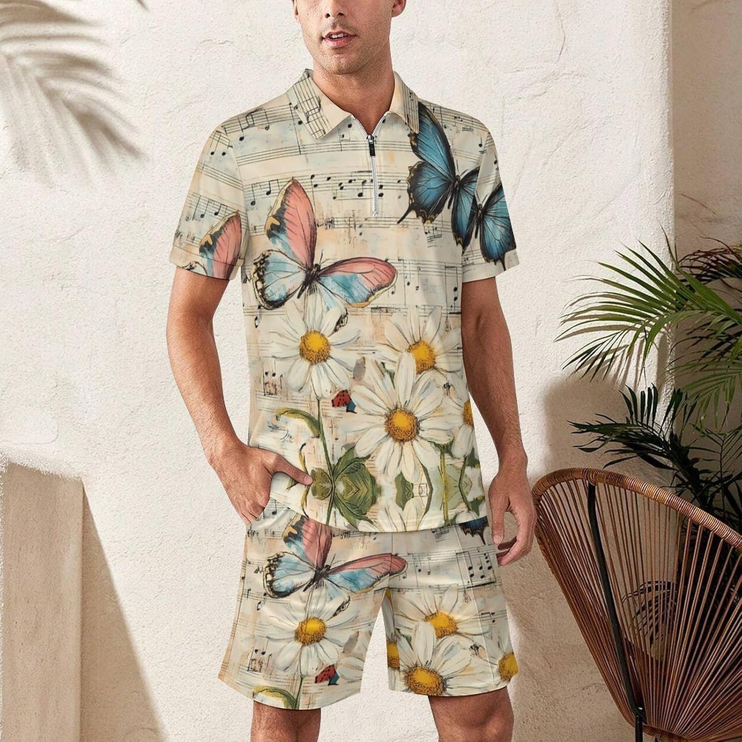 Vintage Butterflies Musical Notes Mens Polo Shirts Track Suits 2 Piece Short Sleeve Sweatsuit 1/4 Zip Golf Loungewear for Sports
