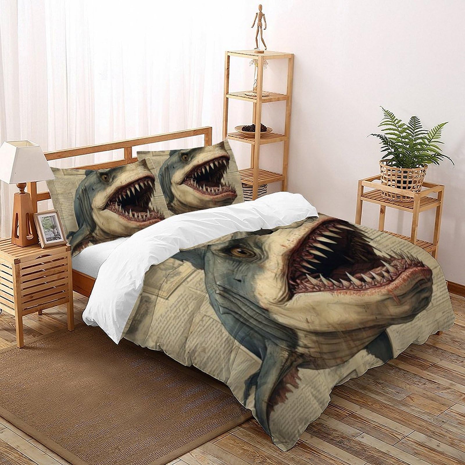 Housse de couette Requin 260x220 cm en microfibre imprimée 3D avec fermeture éclair pour lit King