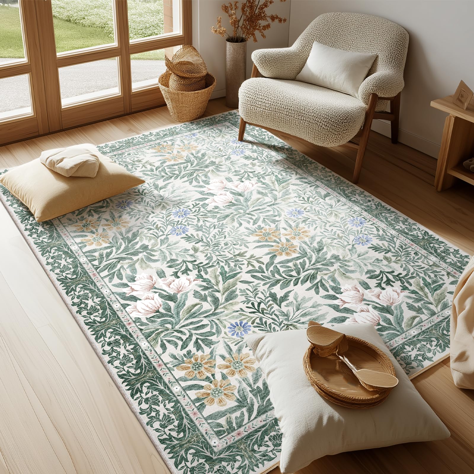Botanical Floral Area Rug 4x6 Light Green Cream Vintage Garden Design, Perfect for Living Room, Bedroom, Kids Room, Nursery - Stain &amp; Water Resistant Non-Slip, Pet &amp; Child Friendly Area Rugs
