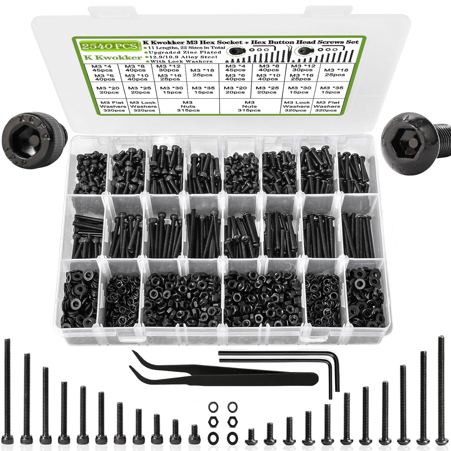 2540 x M3 Screws 4MM to 35MM, M3 Socket Head Screws & Button Head Screw Upgraded Zinc Plated Assorted Nuts and Bolts Assortment Kit Black with Nuts, Washer and Lock Washers