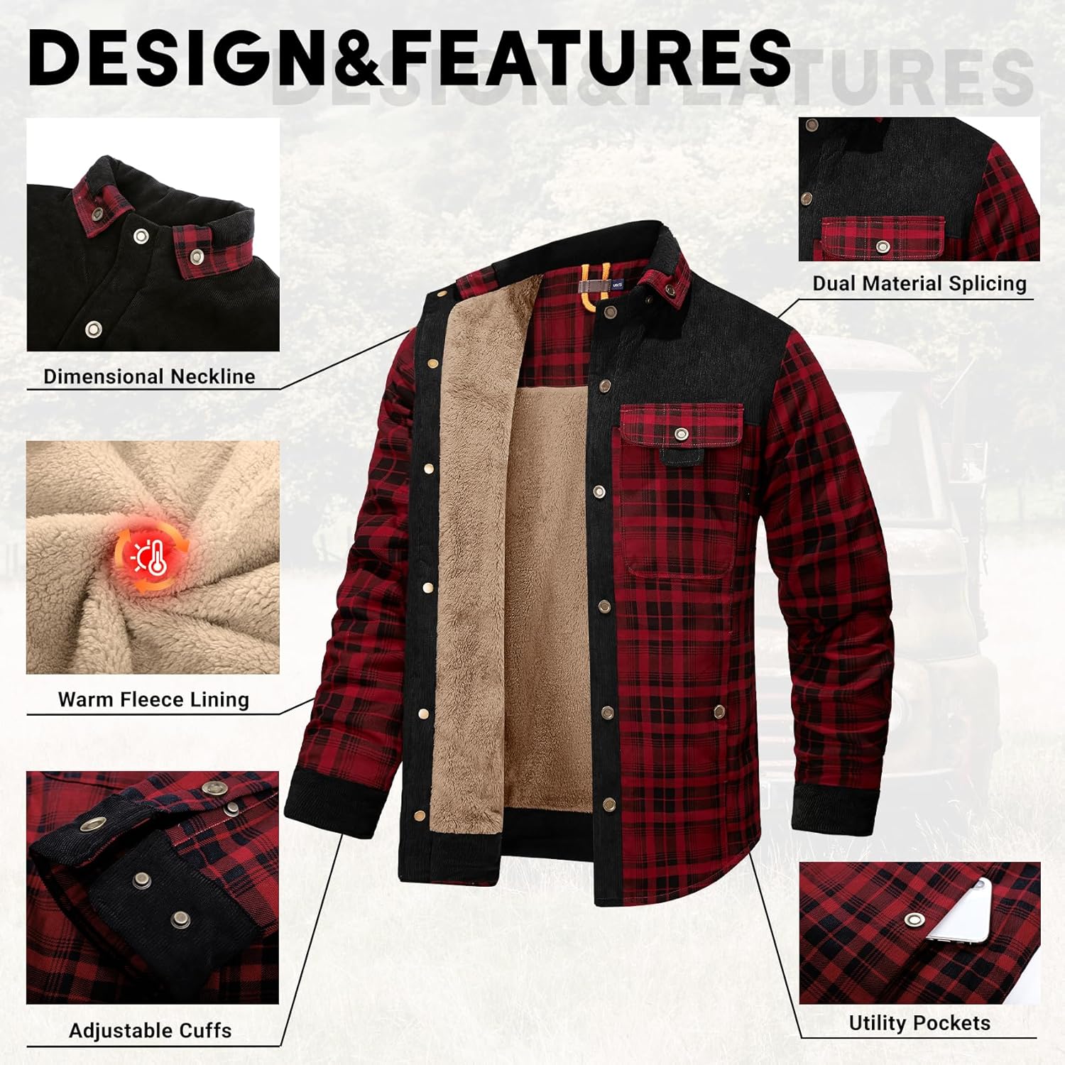 PEHMEA Men's Flannel Shirt Jacket Plaid Sherpa Lined, Warm Fleece Coat for Fall Winter Outdoor - Image 6