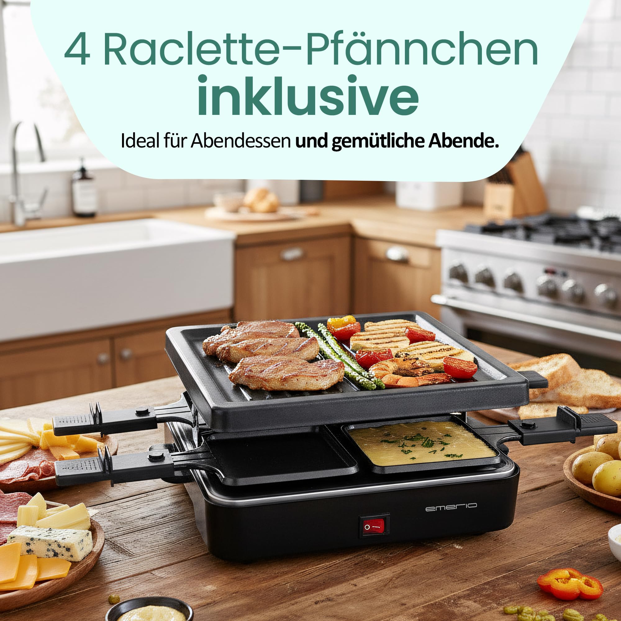 Emerio Griglia per raclette, 4 padelle, Piastra Antiaderente (RG-120656)