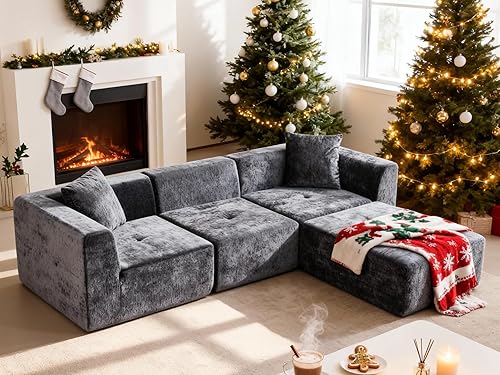 Sofá modular de 108 pulgadas, diván en forma de L, sofá deshuesado de felpilla de gran tamaño con asiento profundo, sin montaje, sofá nube de 3