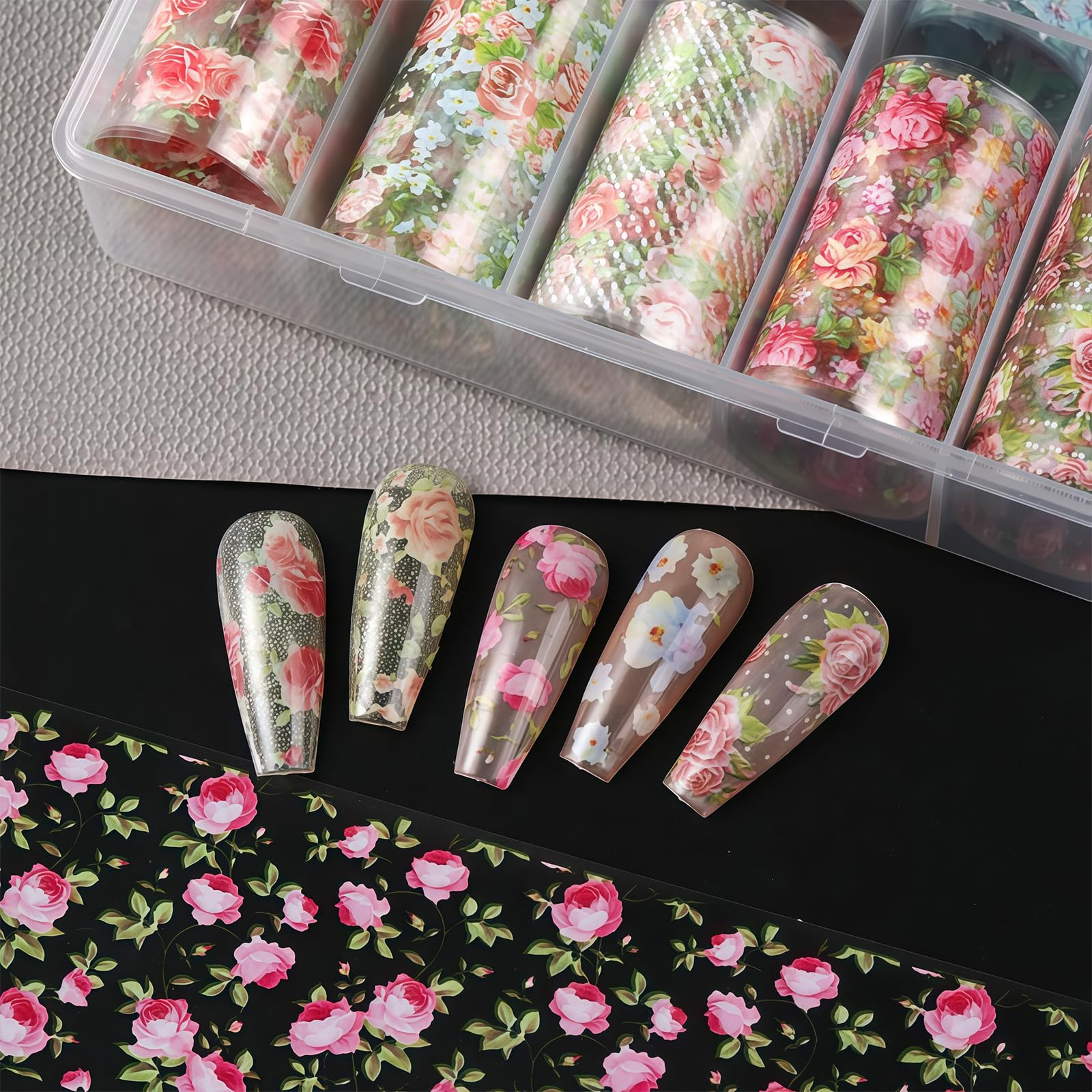 Set di 10 rotoli di pellicola di trasferimento per unghie, fiori di primavera, acquerelli, rose, accessori per nail art, set di trasferimento per unghie in gel, set di decorazioni fai da