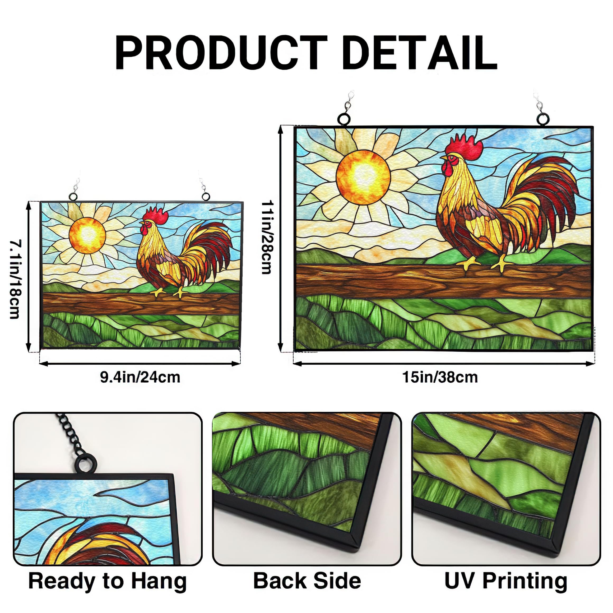 365CUSGIFTS Customized Rectangle Mosaic Crowing Rooster Stained Glass Suncatcher Stained Glass Window Hangings Birthday Gift for Mom Grandma Teacher Women Friend Memorial Hook