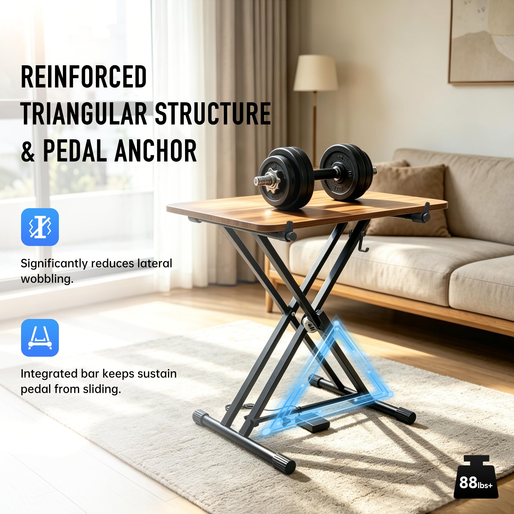 Double X Digital Piano Ständer für 61-88 Tasten Keyboards, Heavy Duty | Ständer mit dreieckiger Stützstange, Sustain-Pedal-Stopper, verstellbare Gummileitbleche