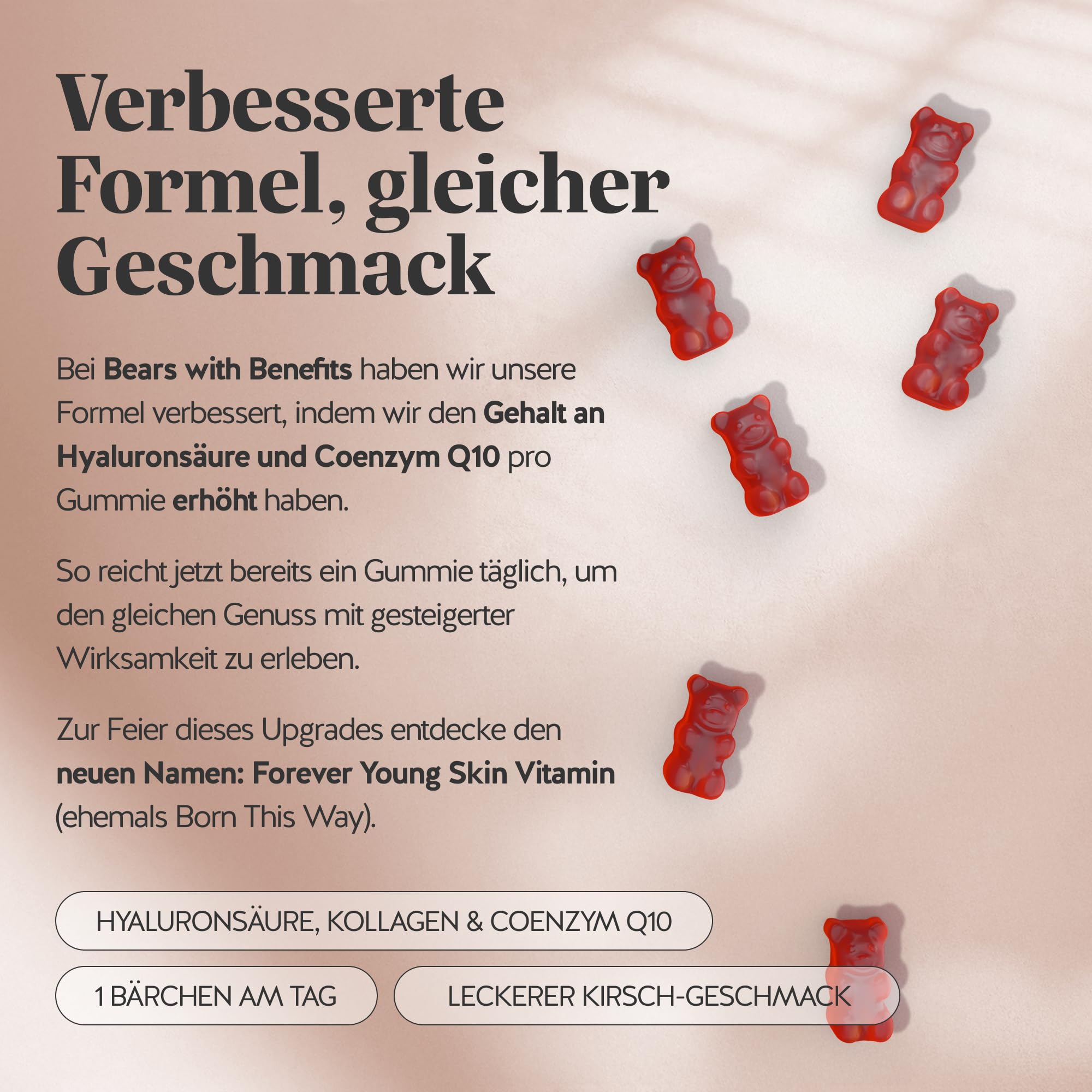 Forever Young Skin – Vitamin Collagen & Hyaluronic Acid – Anti-Aging Gummies – mit Vitamin C, E und Coenzym Q10 – 90 Stück (3 Monate) – zuckerfrei – Bears with Benefits