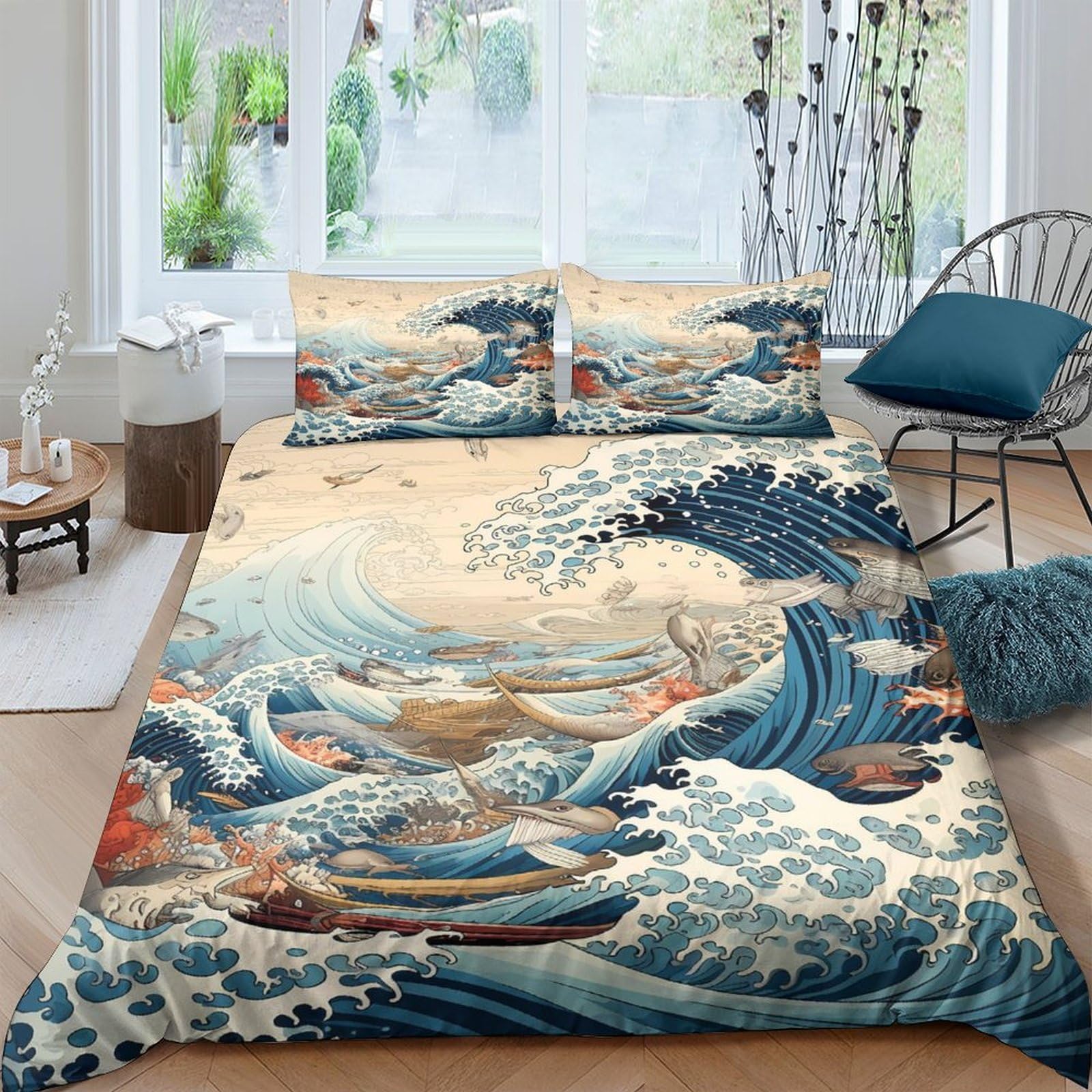 Ctjqhvkz Style-6 3D Printed Great Wave Fitted Sheet Microfiber Soft Blue Japanese Sea Mattress Cover For Bedroom Dorm Apartment Decor Single（135X200cm）