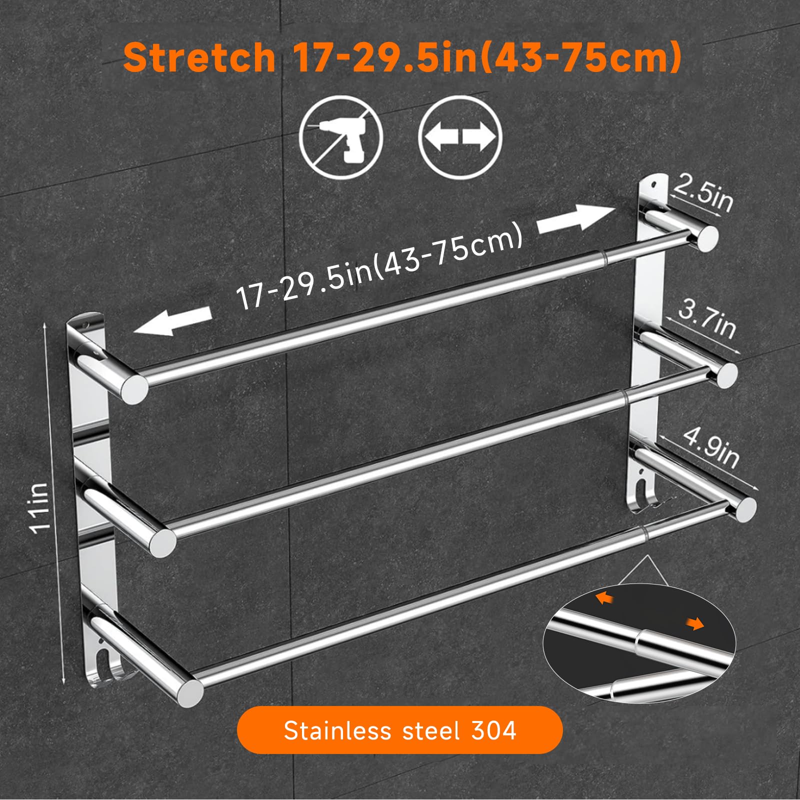 Bathroom Towel Rack,Stretchable 17-31 Inches Towel Bar for Bathroom Kitchen Hand Towel Holder Dish Cloths Hanger SUS304 Stainless Steel RUSTPROOF Wall Mount No Drill Sdjustable (Three BAR)