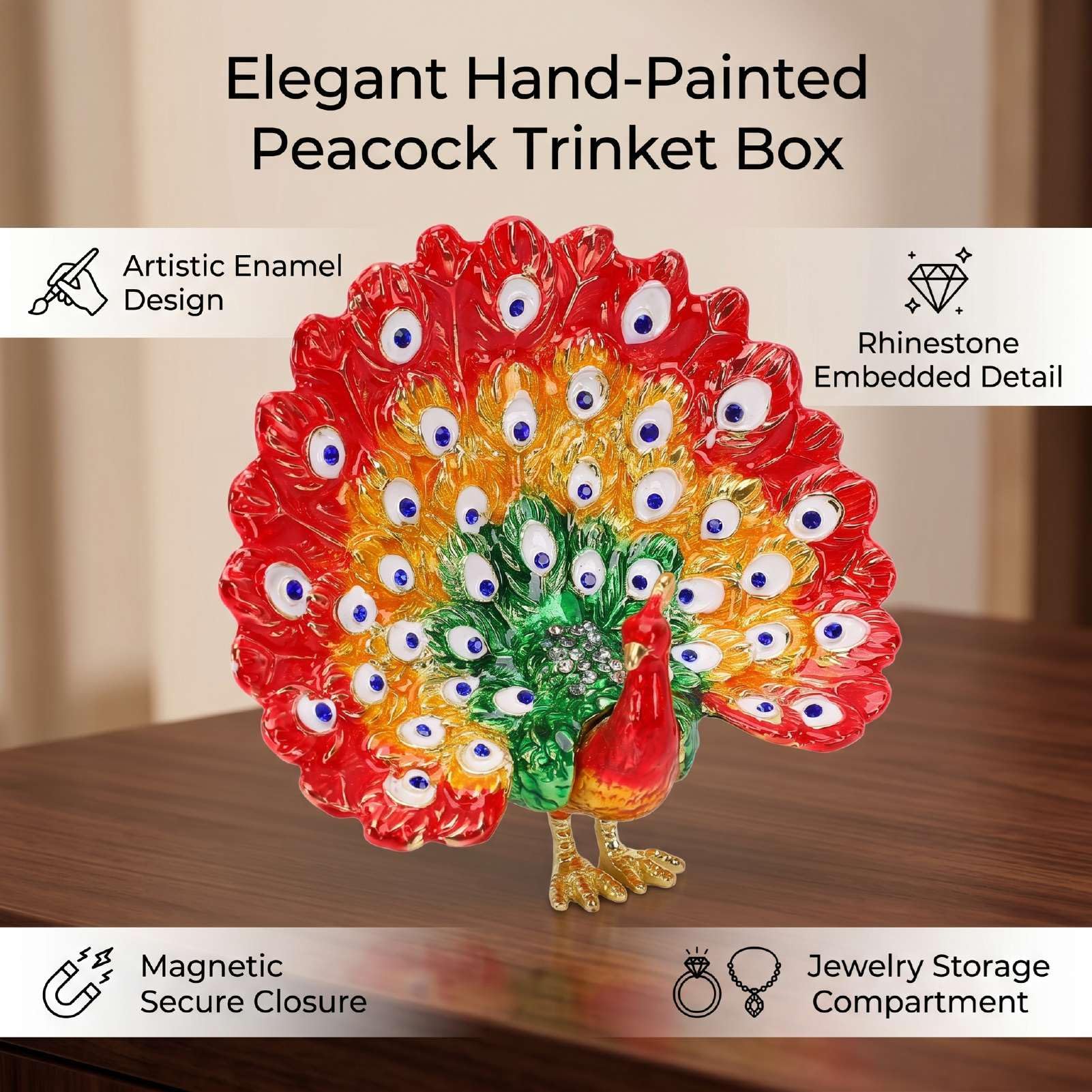 Luocute Caja de Baratija de Pavo Real Esmaltada, Joyero Pintado a Mano con Diamantes de Imitación y Cierre Magnético, para Decoración del Hogar (rojo)