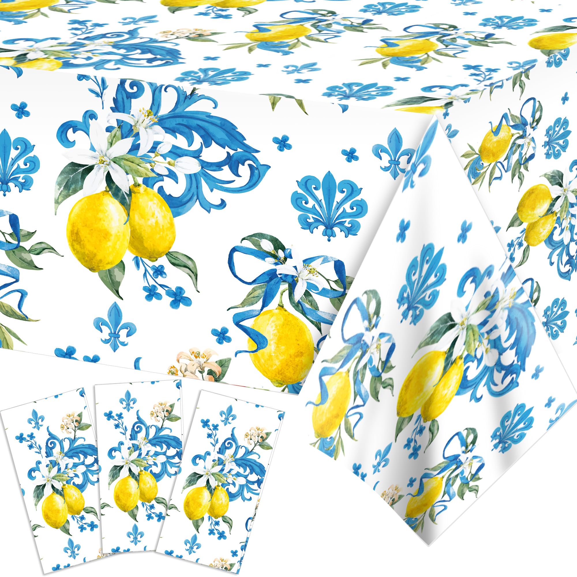 3 PCS Lemon Party Tablecloth,87" Lx54 W Game Rectangular Plastic Tablecovers, Italian Lemon and Blue Pattern Disposable Tablecloth for Bridal Shower