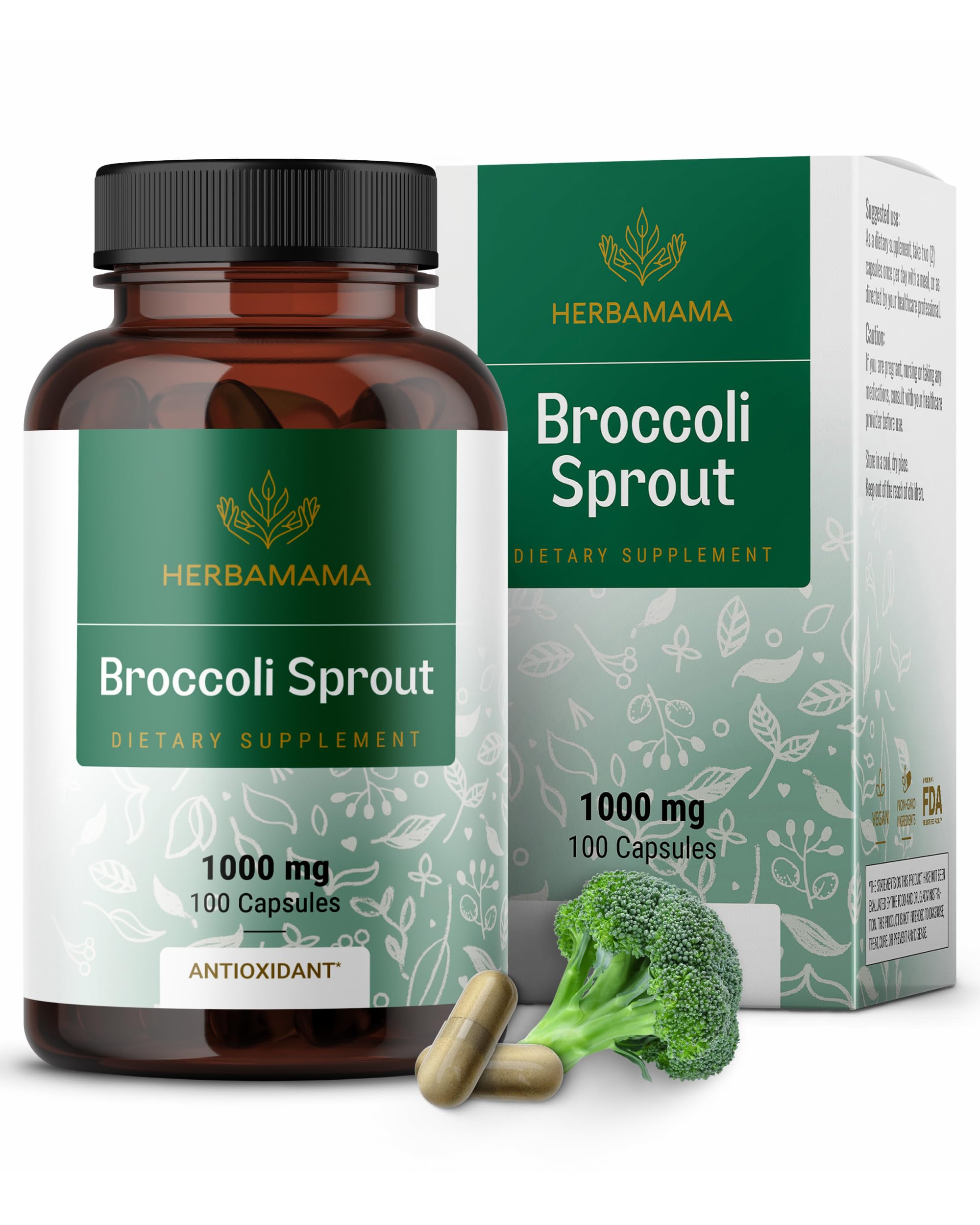 HERBAMAMABroccoli Sprouts Extract Capsules - Vegetable Supplement to Support Immune System, Brain & Heart Function - Promotes Natural Cell Growth - Vegan, Non-GMO Formula - 1000mg, 100 Caps