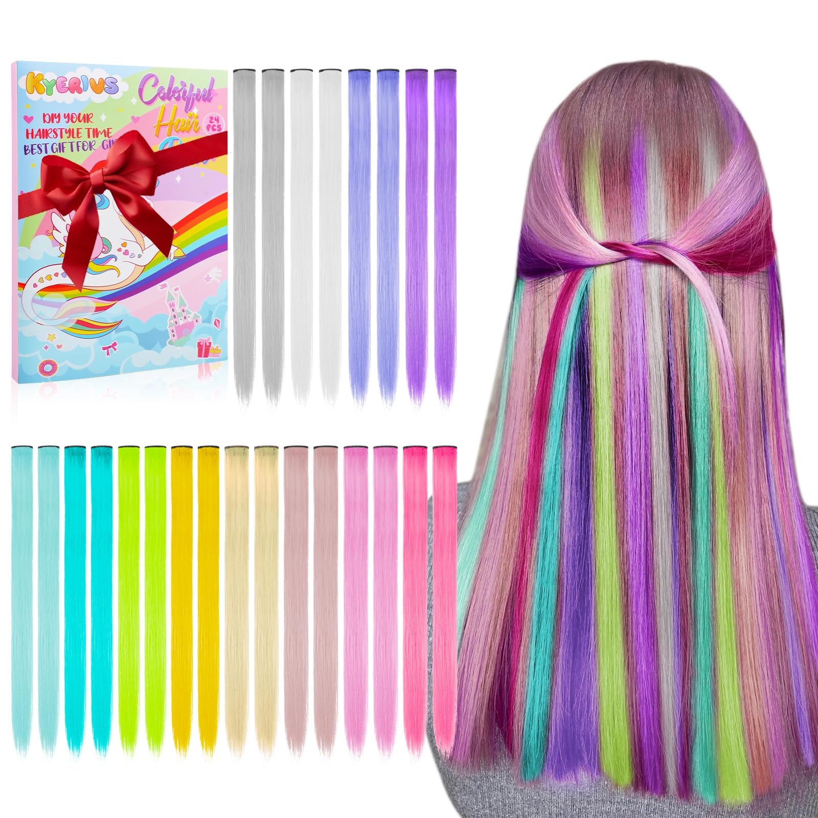 Amazon.com : Kyerivs 24PCS Colored Hair Extensions Temporary Hair
