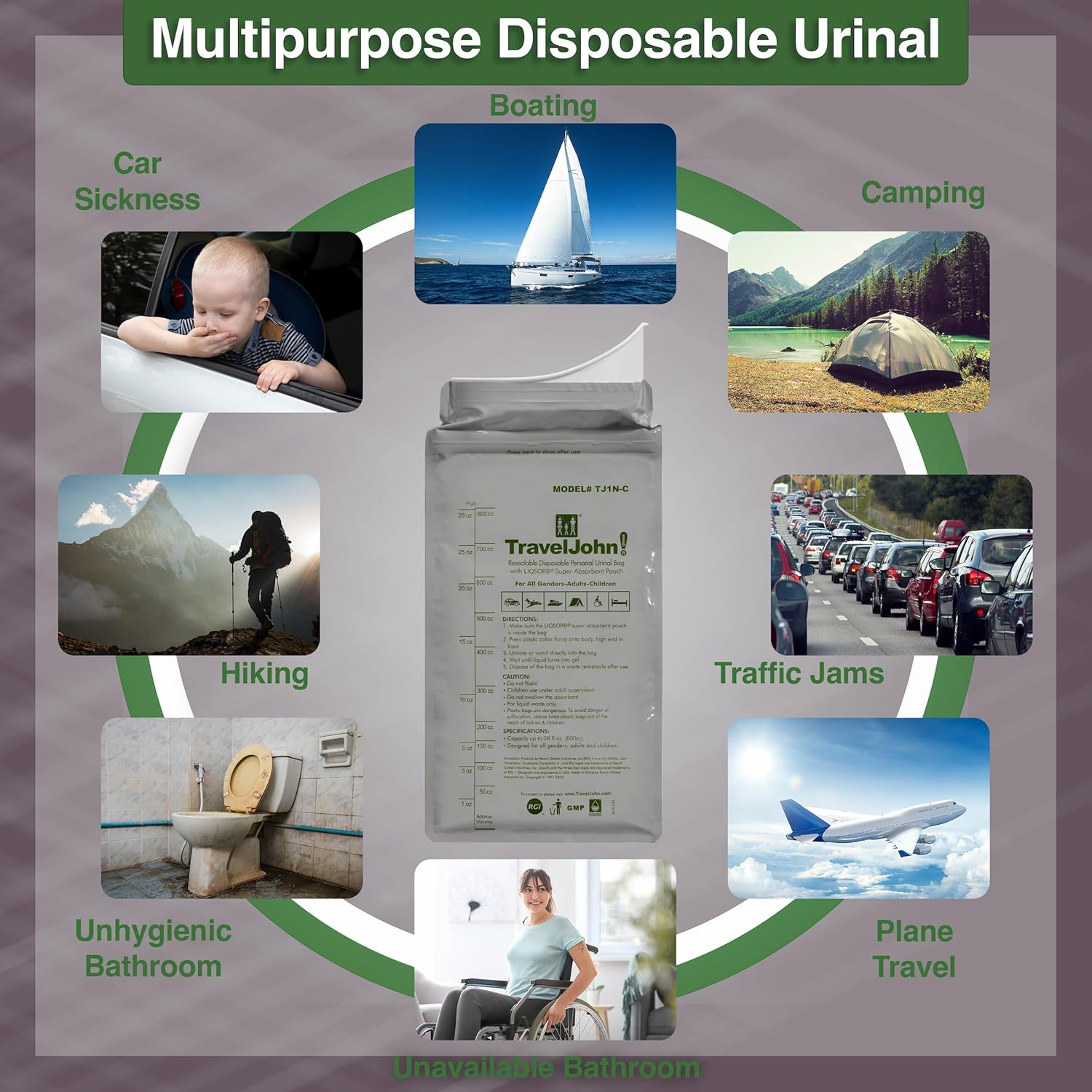 TravelJohn Resealable Disposable Urinal Bags – Road Trip Essentials for Men, Women & Kids – Odorless Leakproof Portable Urine Bags – Travel Urinal for Camping & Emergencies (TJ1N-C)