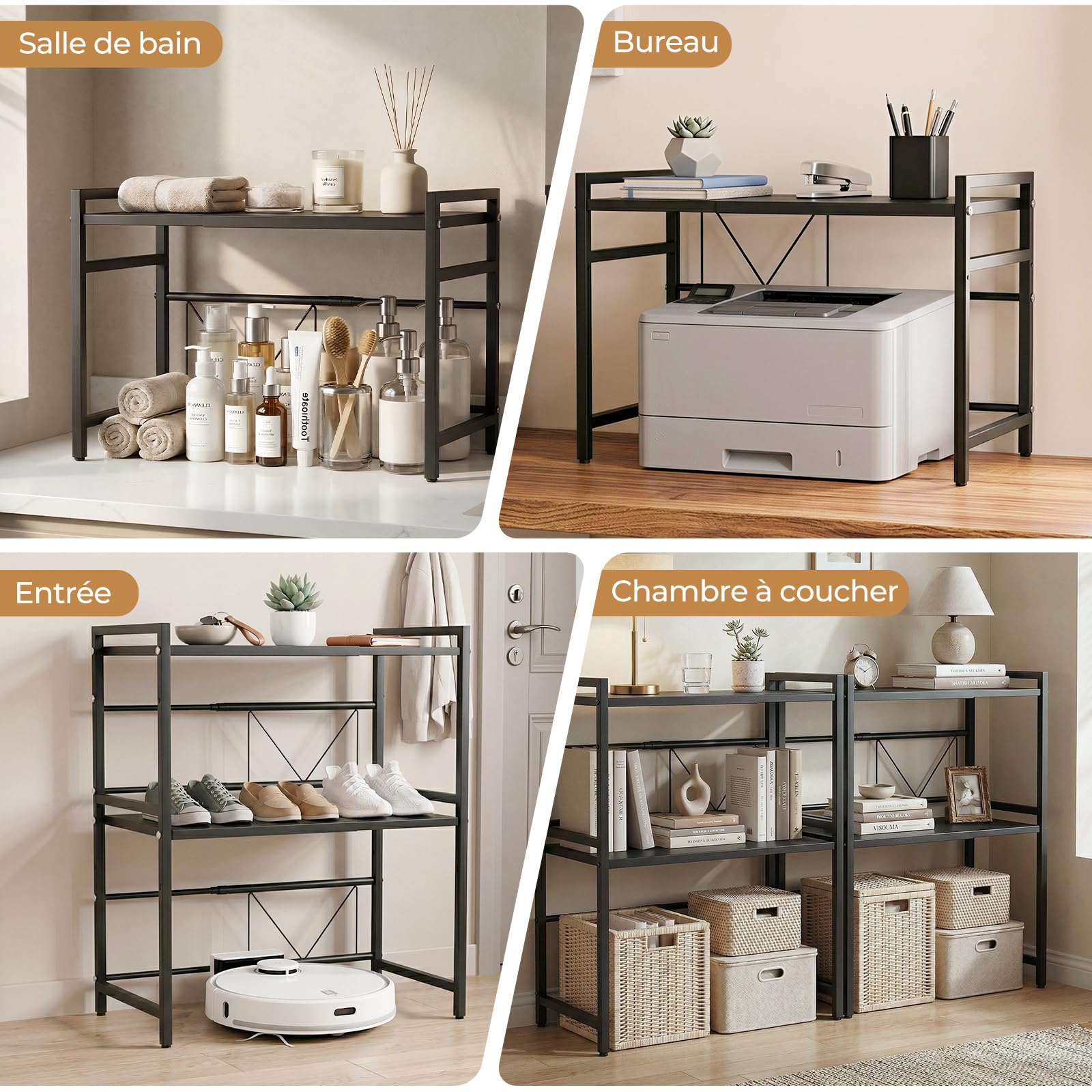 ALANNG Étagère Micro-ondes Réglable 38,7-65cm, 3 Niveaux Étagère de Cuisine sur Plan de Travail, 50kg Capacité Support Micro-ondes avec 6 Crochets, Métal Noir Stable