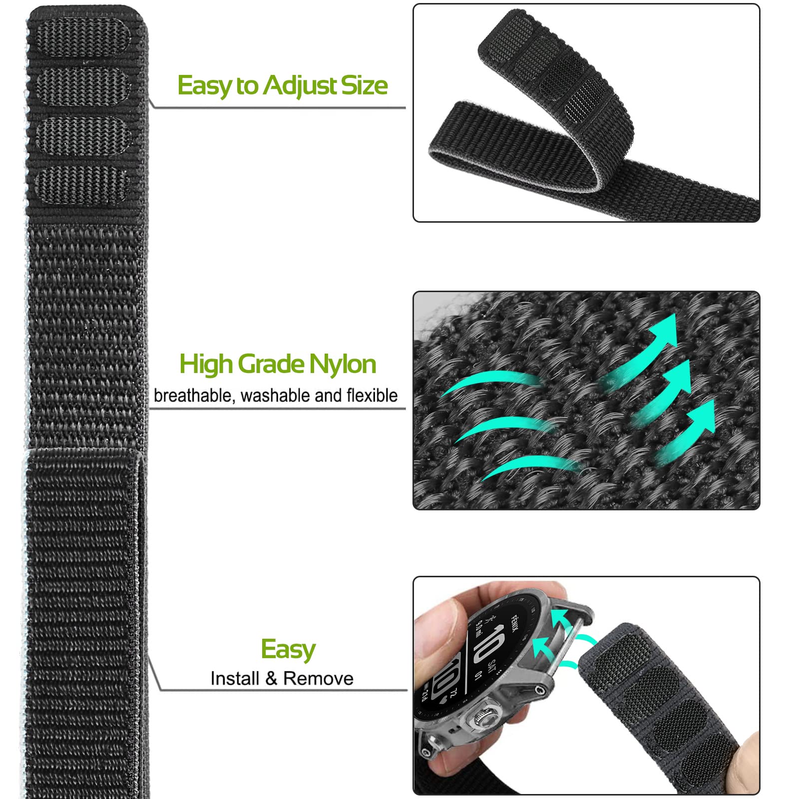 Songsier Strap Compatible with Garmin Fenix 8 47mm/7/6/6 pro/5/5 Plus 22mm Band QuickFit Nylon Sport Loop Band for Forerunner 935/945/955/Epix 2/Epix 2 Pro 47mm Instinct 2 - Image 2