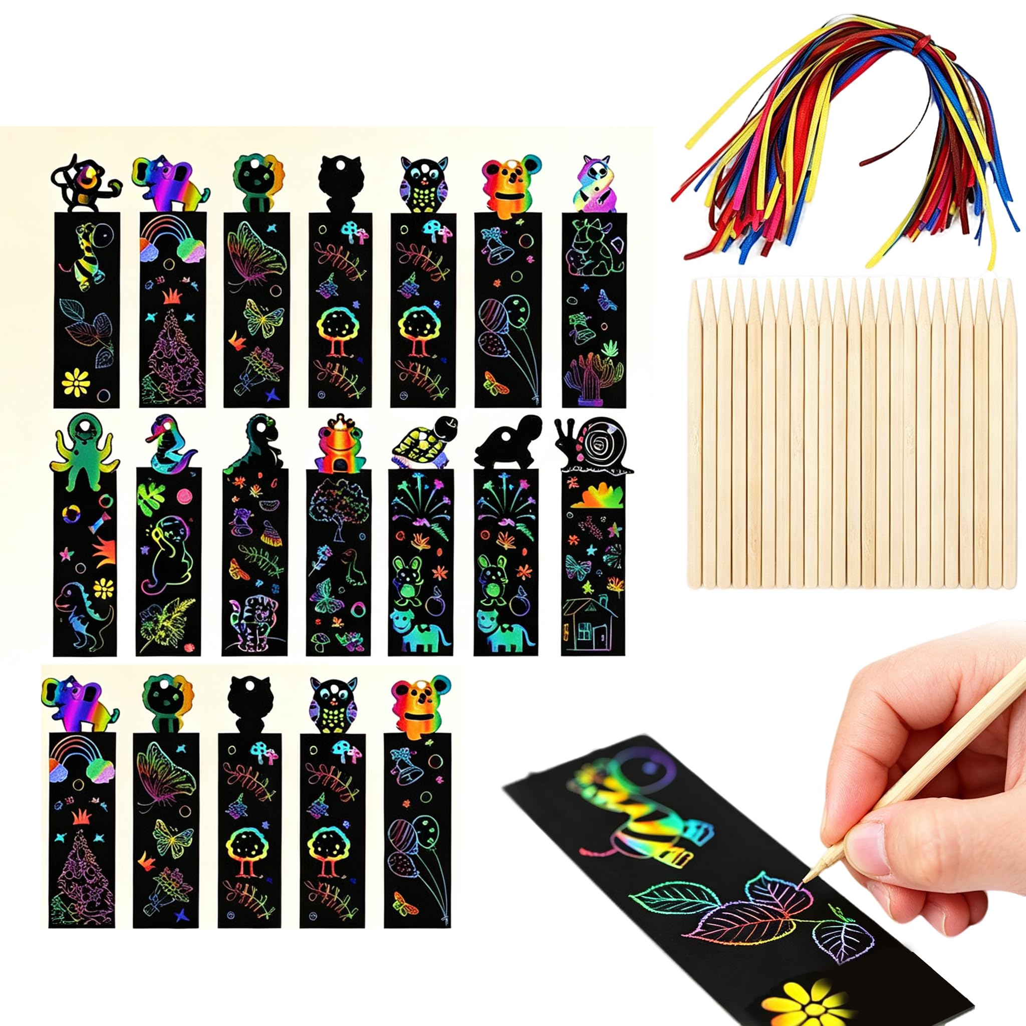 48 PCS Scratch Art for Kids, Magic Rainbow Bookmarks Craft Kit