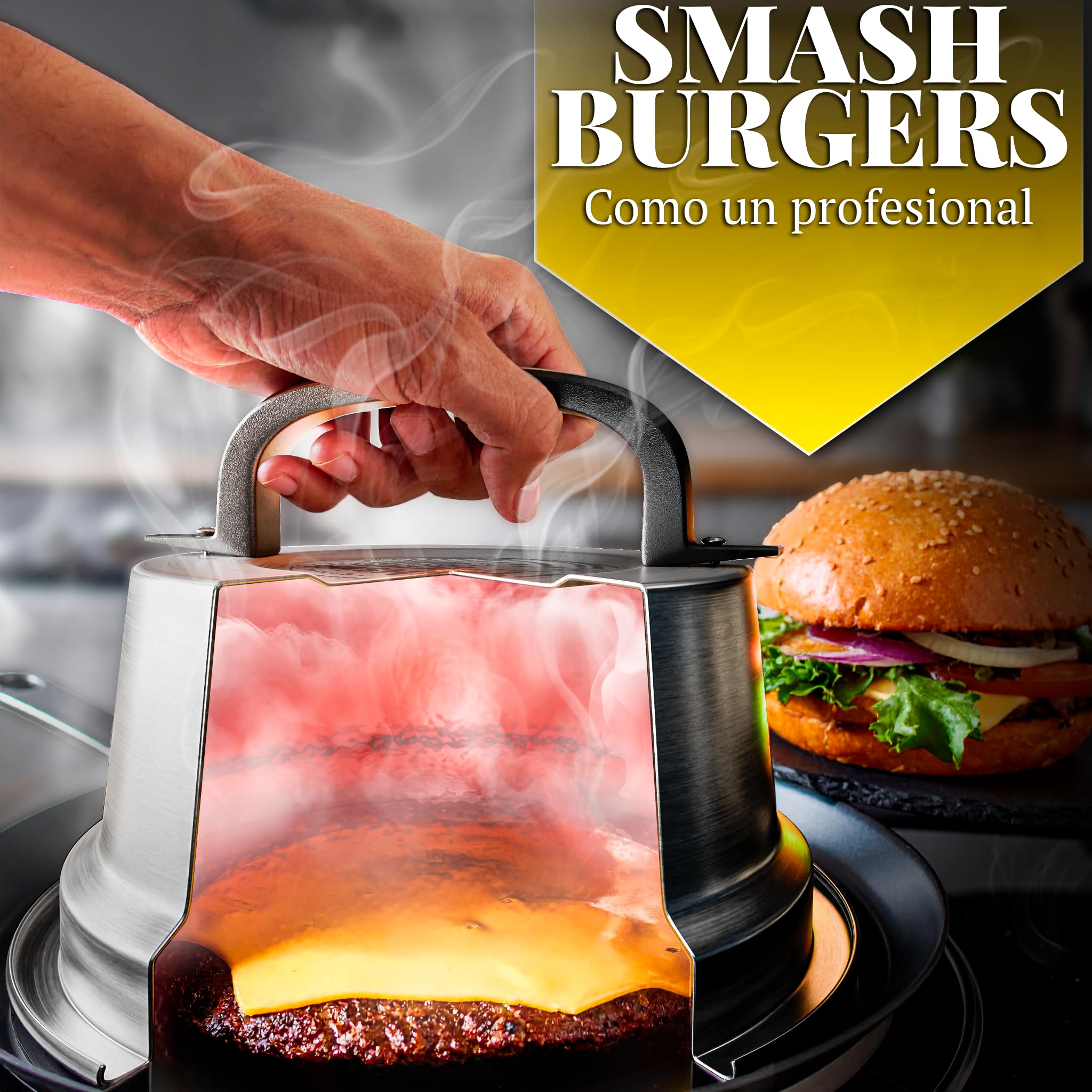 SMASHI® Zestaw Smash Burger Stal Nierdzewna 304 – Młotek, Szpatułka Smash, Pokrywa Smash, Prasa do Hamburgerów i Papiery Antysklepowe | Zestaw Profesjonalny do Kuchni, BBQ i Restauracji (ZAAWANSOWANY)