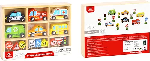 Miniatura 4 de TOOKYLAND Juego de vehículos de madera y letreros de calle, 16 piezas, autos de juguete, camiones y autobuses, a partir de 3 años