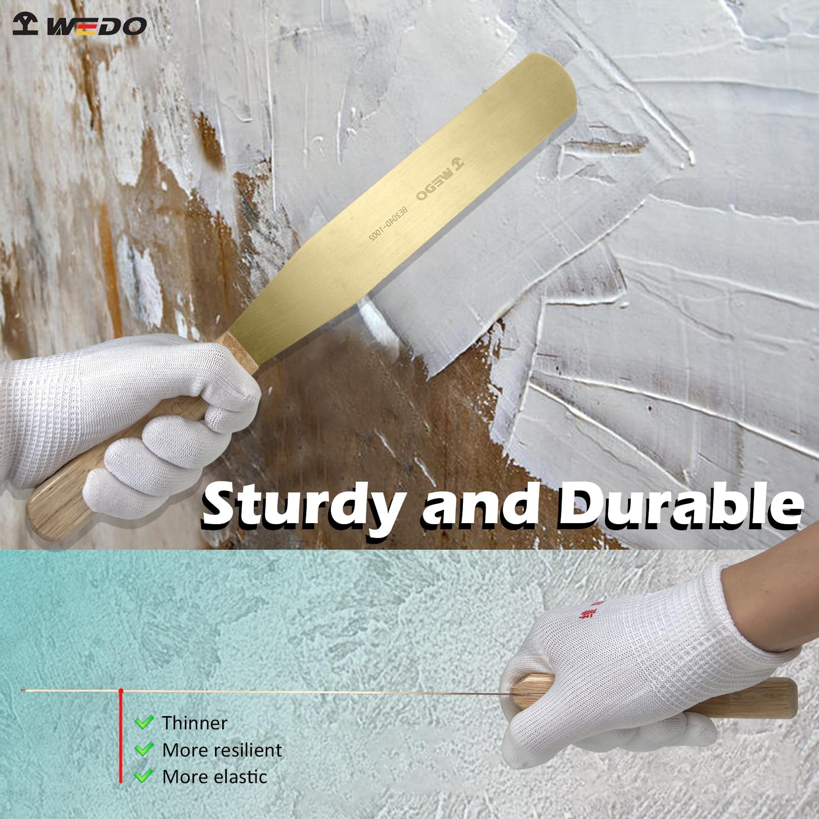 WEDO Espátula,Espátula de pintor con hoja recta y mango de madera de 40mm,Espátula no brillante,bronce de aluminio,DIN,BAM FM,350mm de longitud,herramienta de seguridad sin chispas