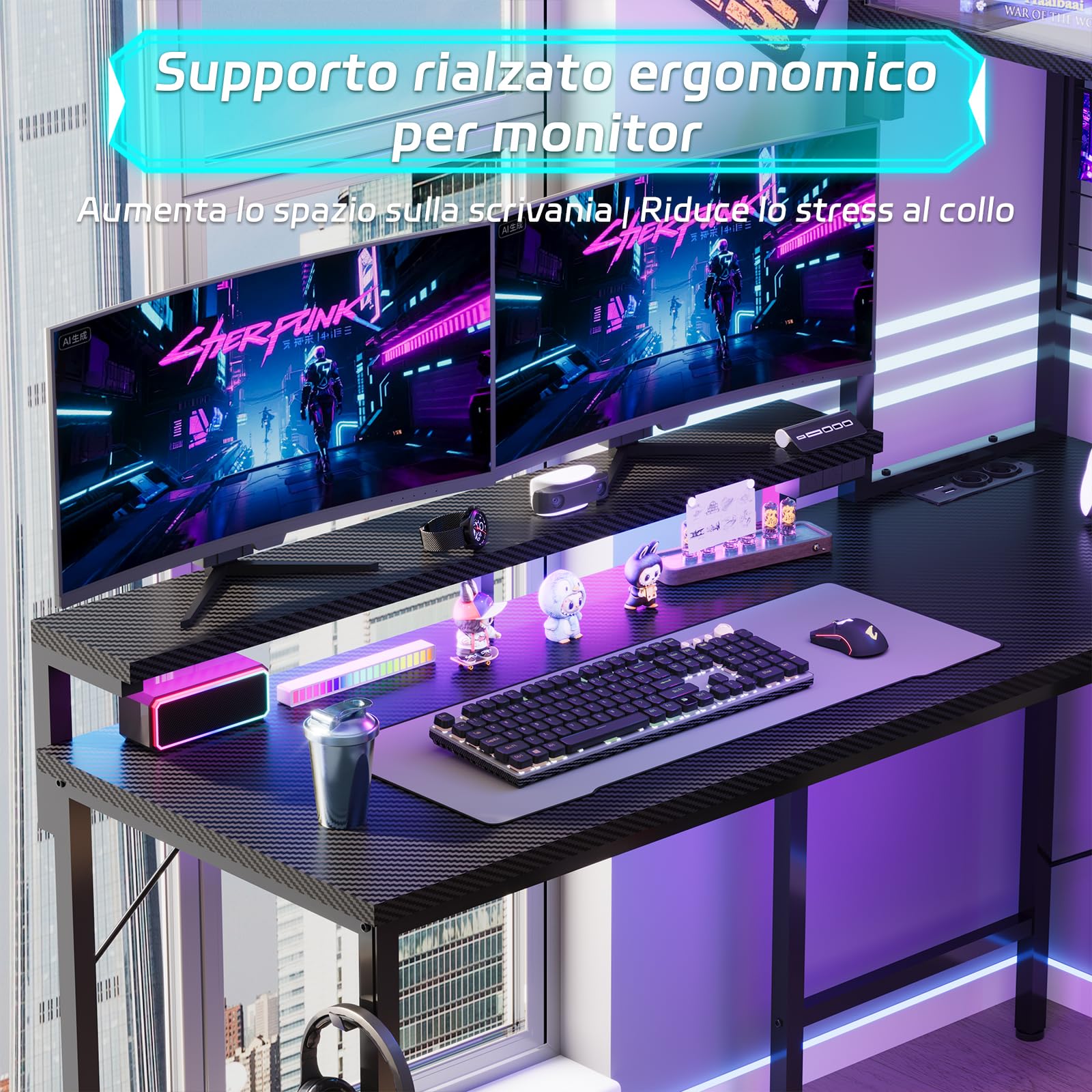 Devoko Scrivania Gaming Angolare 115x90 cm LED/Presa Nero | Struttura a L con mensola, griglia, 3 cassetti e supporto monitor per giocatori