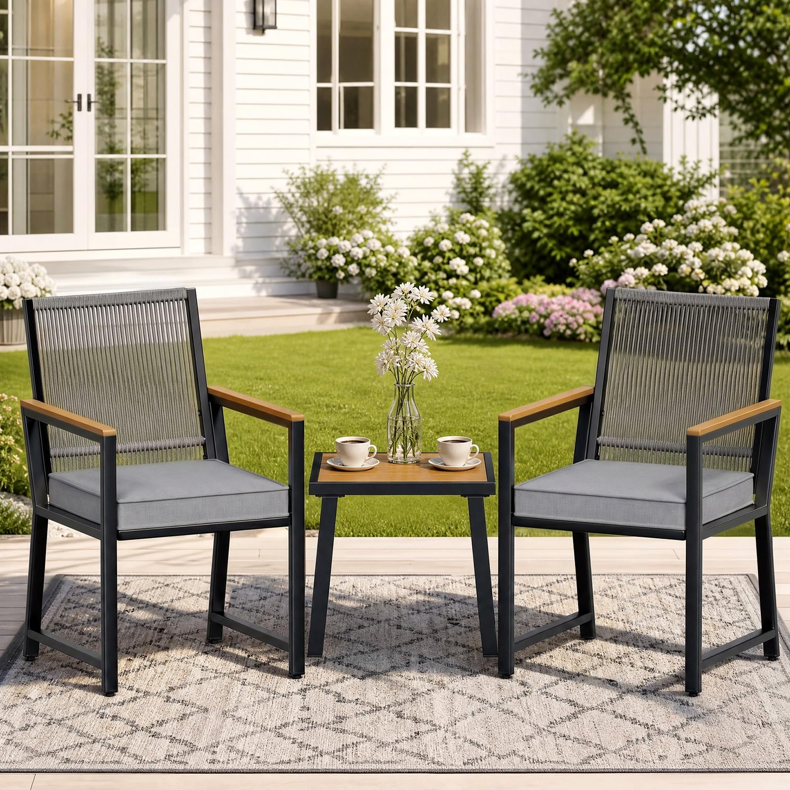 LIFERUN 3 teilig Gartenmöbel-Set aus Rattan, Gartenmöbelgruppe, 2 Gartenstuhl Rattan mit Tisch, Bis 160 kg, witterungsbeständig, WPC Armrest, Terrassenmöbelset, für Terrasse, Garten, Veranda, Grau