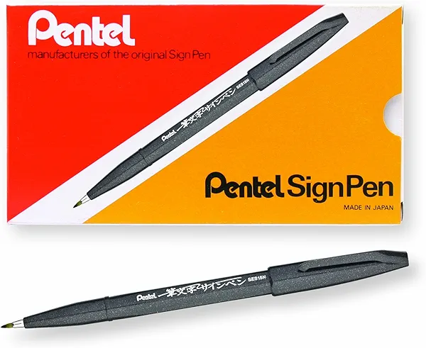 Pentel Arts Sign Pen Touch, Fude Brush Tip, Black Ink , Box of 12 (SES15-NA)