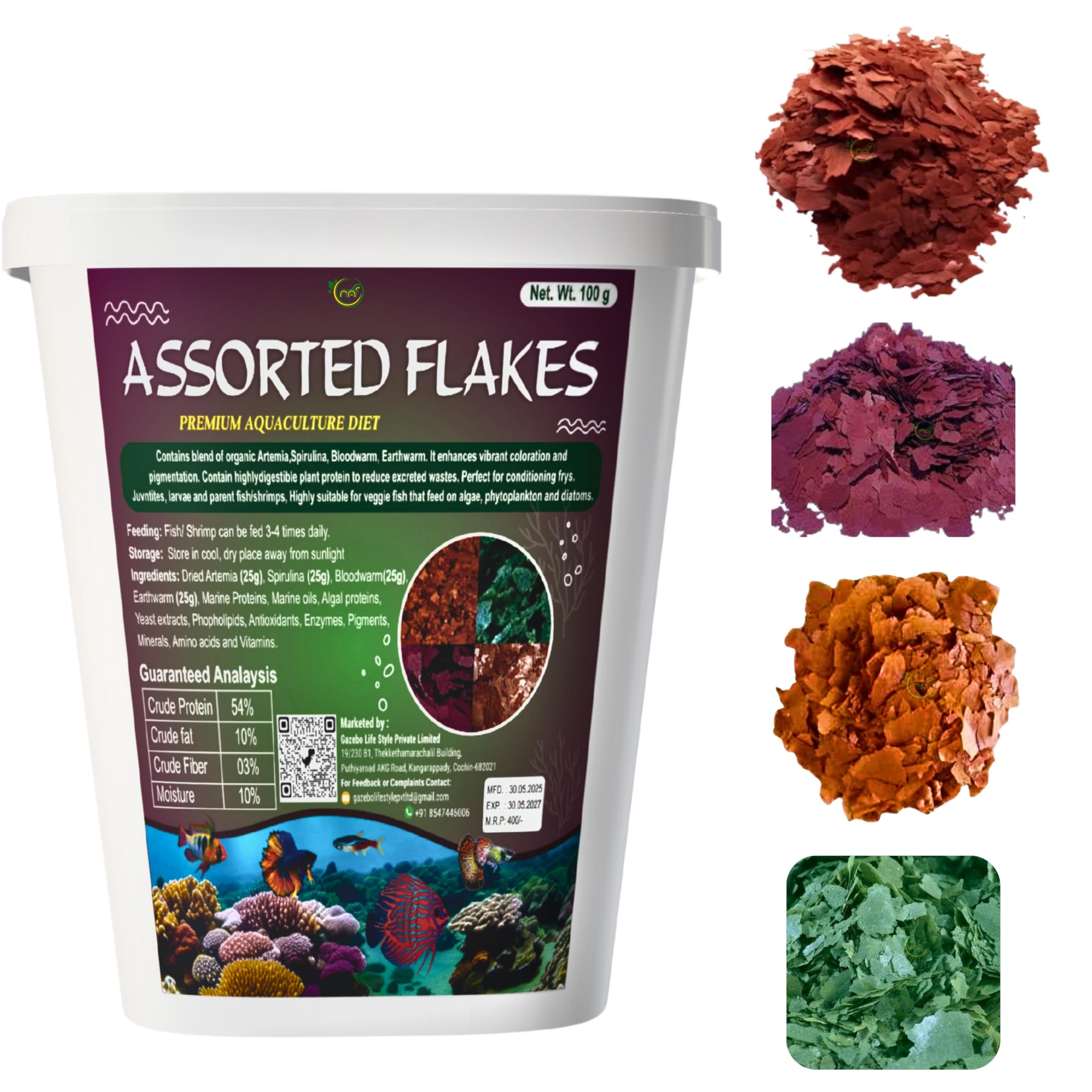 Fish Food Assorted Flakes 100 Gram (4 in 1 Combo Layer Packing) 25 Gram of Artemia, Spirulina, Blood Worm and Earthworm Flakes,Fish Feed for All Type Aquarium Fishes