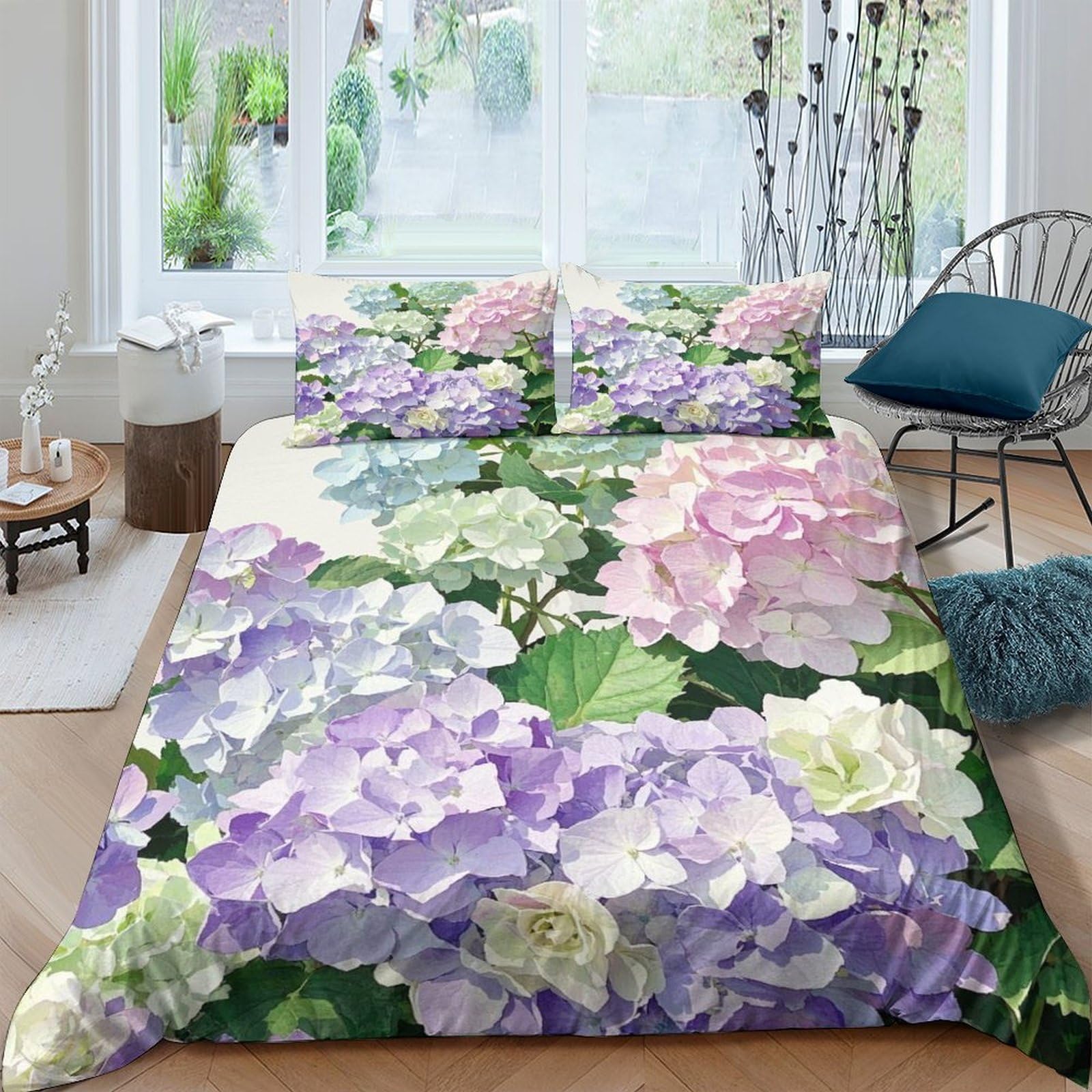 Wxlwhr Style-1 Hydrangea Duvet Cover Sets Soft Polyester 3 Piece 3D Printed Bedding Set Colorful Hydrangea Duvet Cover With Pillowcase For Kids Teens Adults Double（200X200cm）