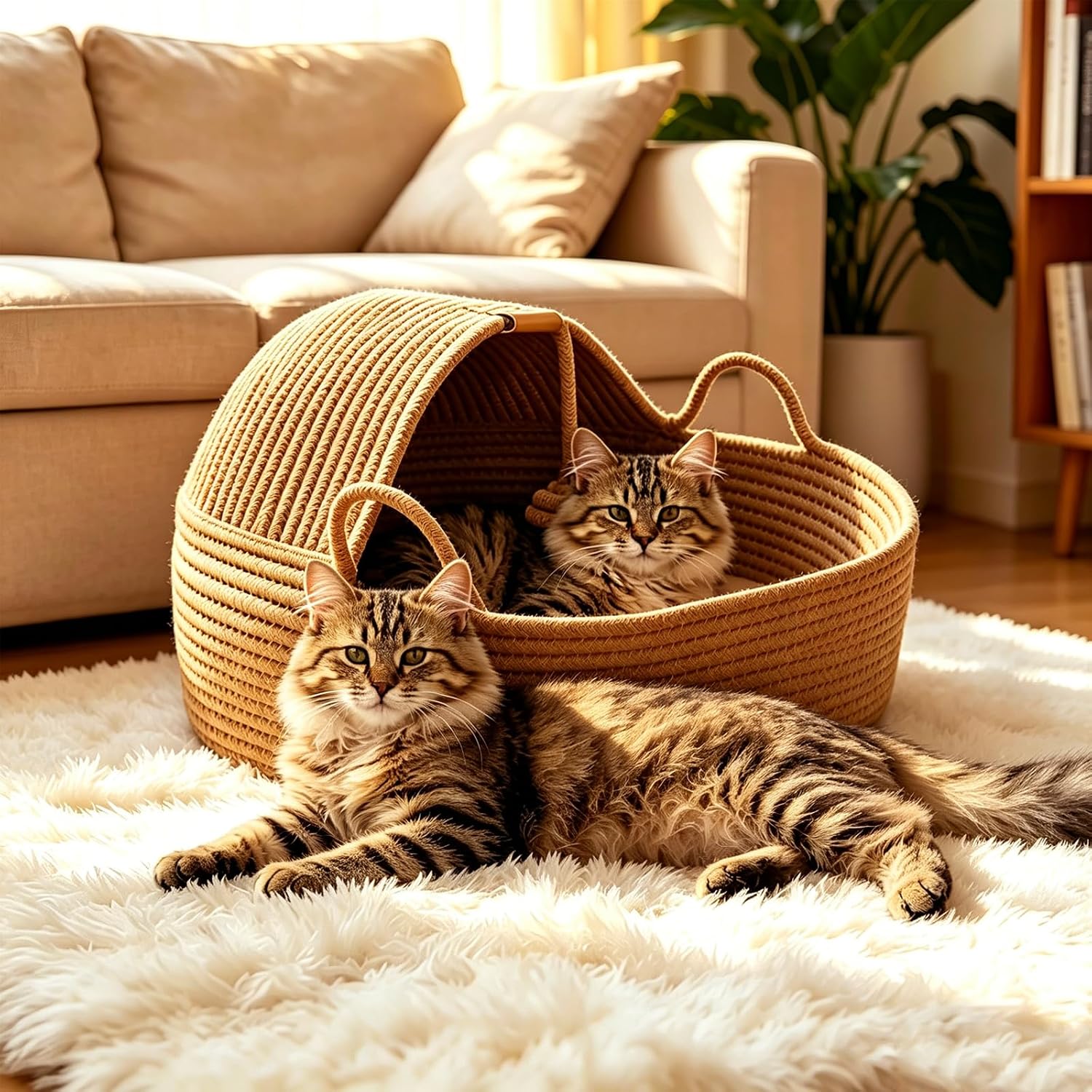Large Semi-Enclosed Rattan Cat Bed Basket | Breathable Cotton Rope Woven Cat Bed with Yarn Ball Scratch Resistant and Machine Washable for All Season Universal