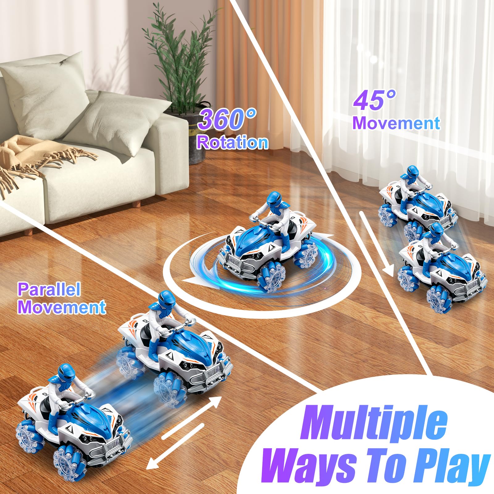 Auto Telecomandata per Bambini, Macchina Radiocomandata RC 2,4 GHz con 2 Batterie Ricaricabili, Auto Stunt 4WD con Rotazione a 360°, Fari e Ruote LED, per Interni ed Esterni, Spiaggia e Prato