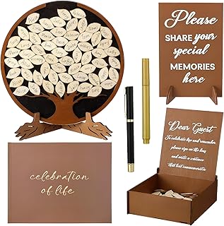 Leinuosen Wooden Funeral Guest Book Set for Memorial Service Celebration of Life Decorations Loving Memory Guestbook Share a Memory or Words of Love Cards Pen Table Sign(Brown and White)