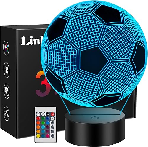 Linkax Regalos de fútbol para niños y niñas, lámpara de ilusión 3D iluminada con 16 colores cambiantes, accesorios de fútbol, luz nocturna, regreso