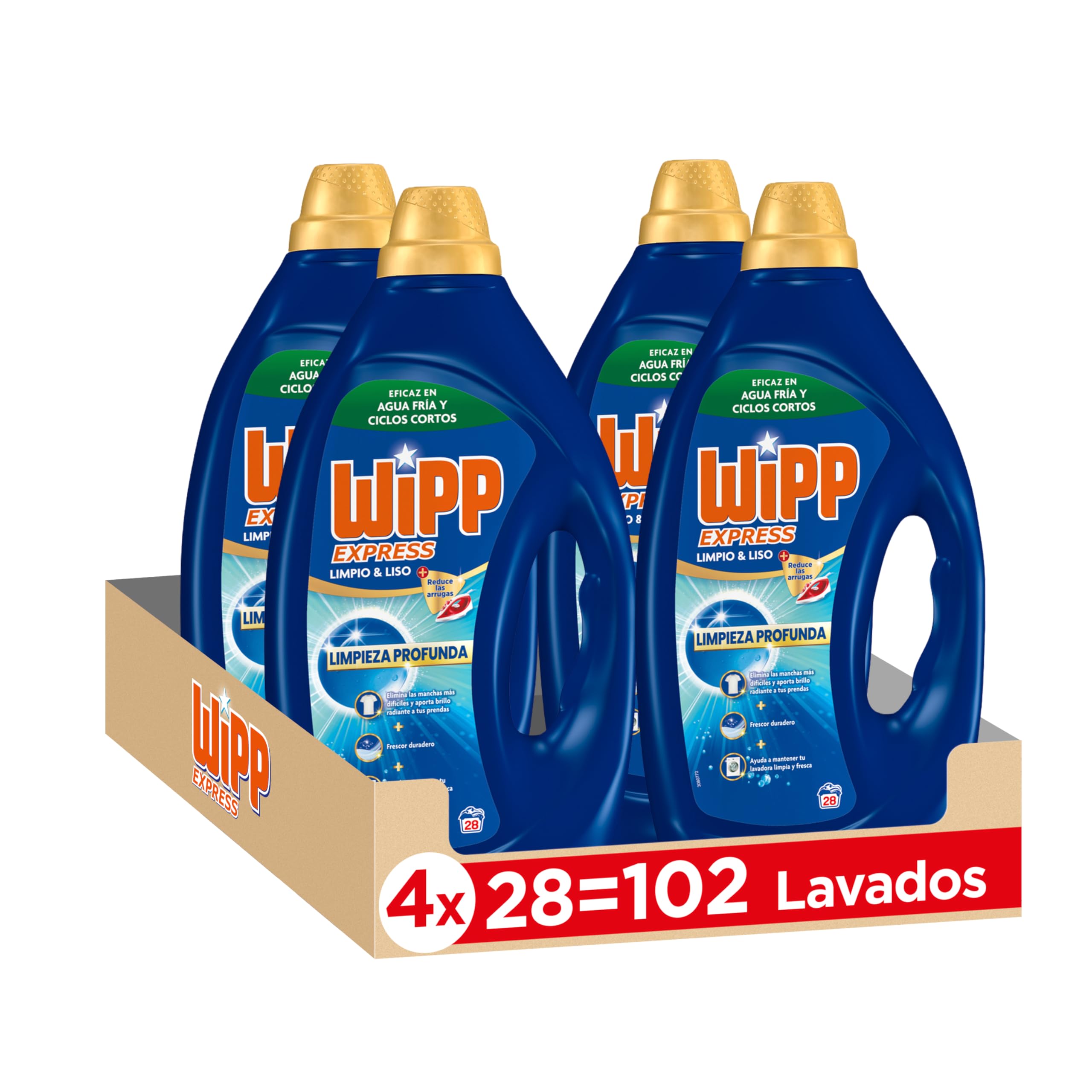 Wipp Express Limpieza Profunda Gel Limpio & Liso (4 x 1260 ml), detergente lavadora líquido que reduce las arrugas, detergente con fórmula quitamanchas ropa apto para agua fría