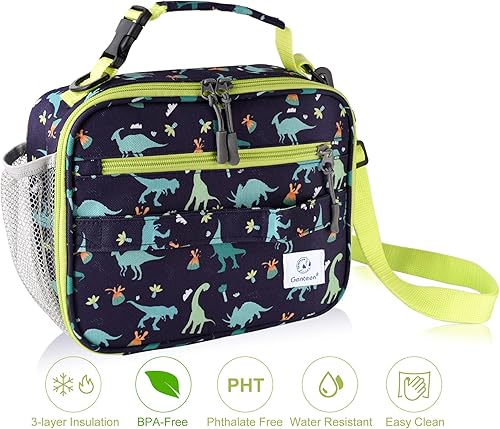 Miniatura 8 de Genteen Bolsa de almuerzo aislada, bolsa de almuerzo con estampado para niños, doble cremallera y bolsillo lateral, bolsa suave resistente y hielera