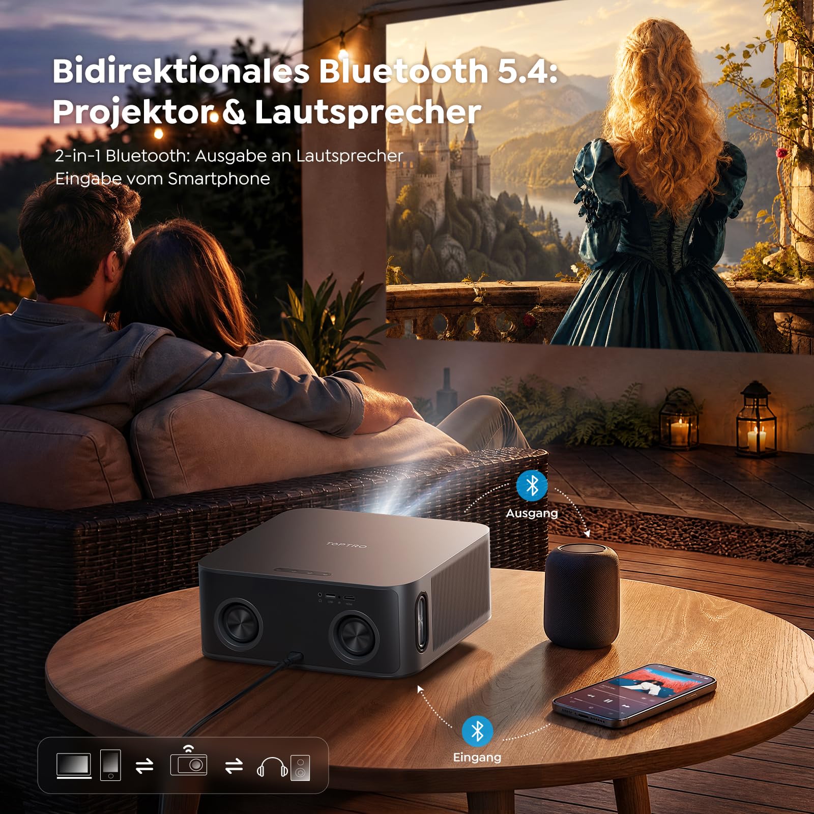 Beamer 4K VIDAA OS Dolby Audio HDR10 2000ANSI Smart Projektor Autofokus Trapezkorrektur WLAN Bluetooth