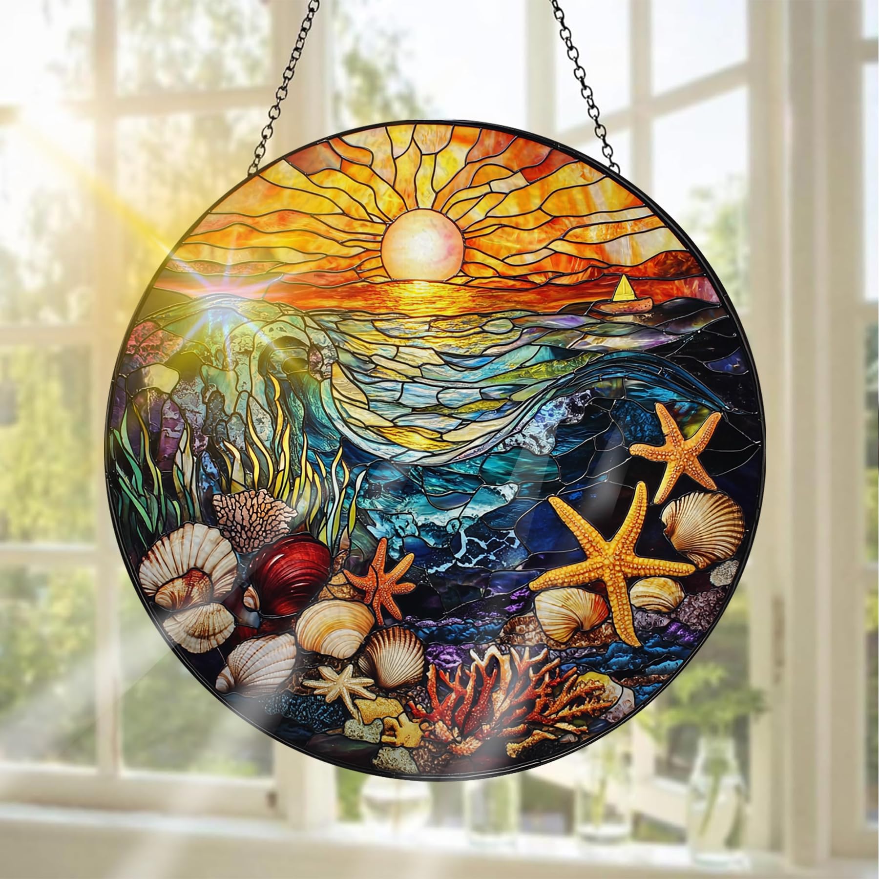Pavemlo Seashell Suncatcher Indoor Stained Glass Window Hanging - Outdoor Window Hanging Decoration - Sun Catcher Home Decor Mother's Day Birthday Gifts for Women, Men Mom 20x20 cm