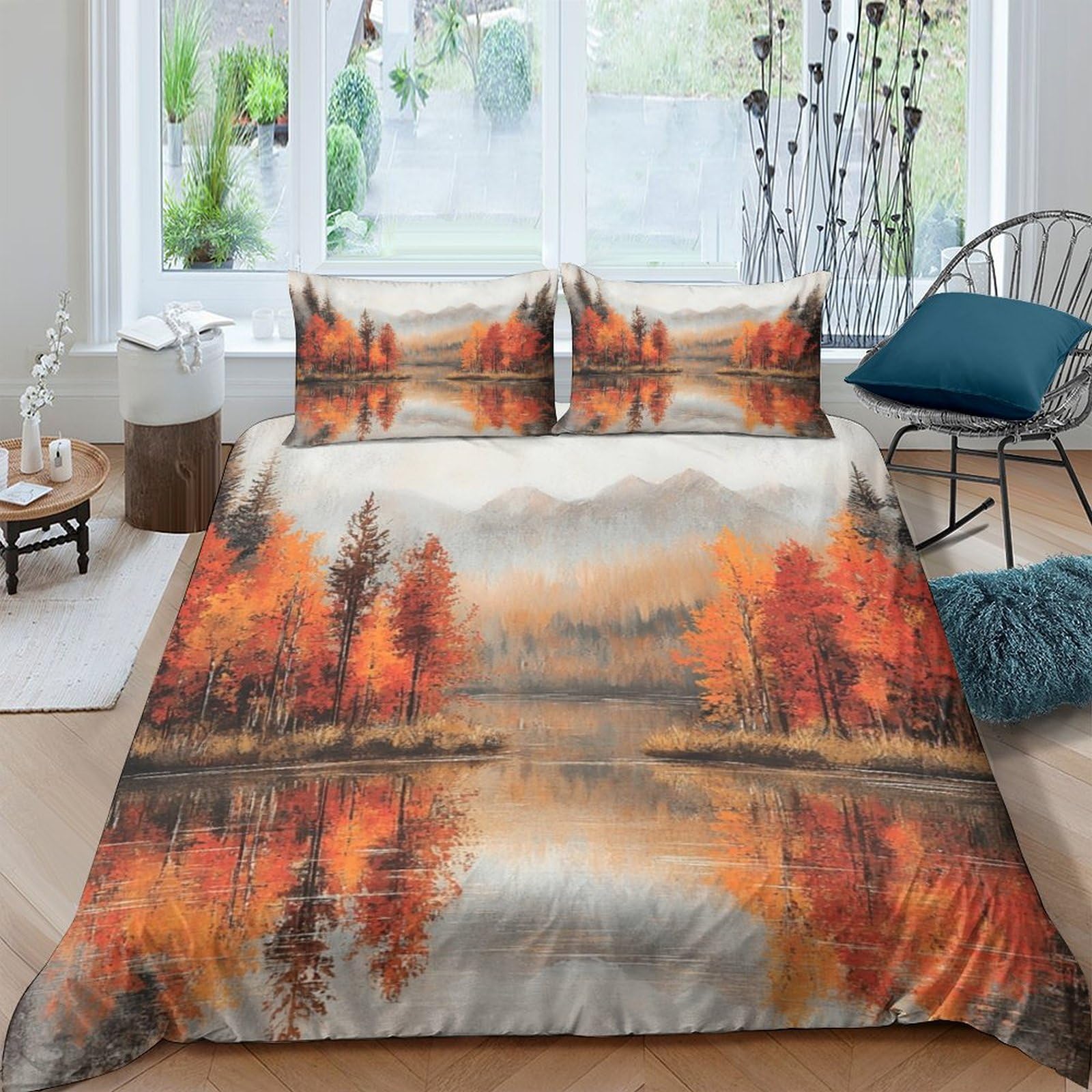 Ctjqhvkz Style-7 3D Printed Autumn Lake Fitted Sheet Microfiber Bedroom Decor Forest Reflection Mattress Cover Anti-Slip Easy Care Single（135X200cm）