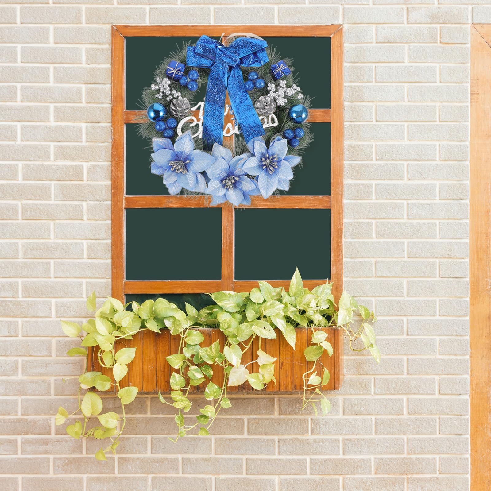 Housoutil Couronne de pin artificielle - Guirlande de Noël - Bleu - 39 cm | Couronne de pin de Noël à suspendre pour maison, mur, porte, décoration de fête