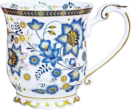 Vintage Floral Coffee Mug Embossed Flower Pattern Coffee Cup - 11.8 oz Premium Porcelain Retro Floral Water Mug for Coffee Tea Milk Funny Birthday Christmas Gift for Women Men Blue