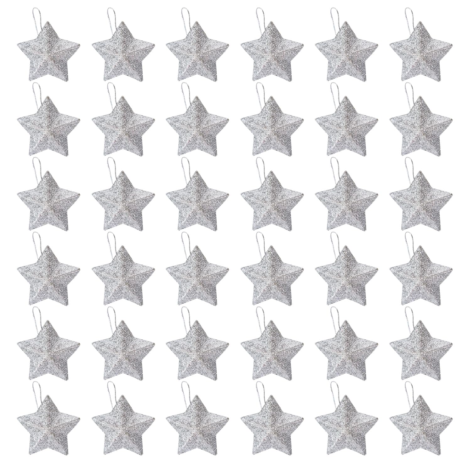 Nereds 36 Pieces Glitter Star Baubles Star Hanging Baubles Ornaments Pentagram Christmas Tree Star Ornaments for Xmas Tree House Holiday Wedding Party Decor (silver)