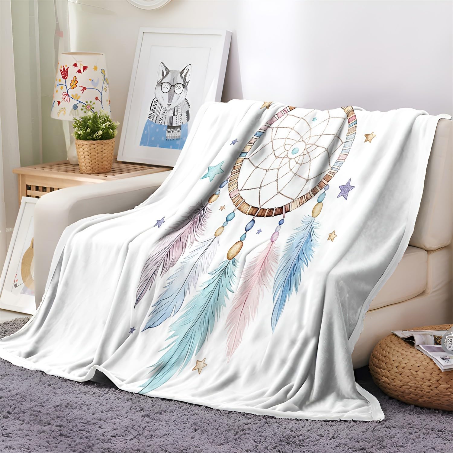 Manta de Franela Atrapasueños Boho con Estrellas Manta de Microfibra Ligera y de Terciopelo Suave para sofá 150X 180 Color Manta Suave y cálida para la Cama