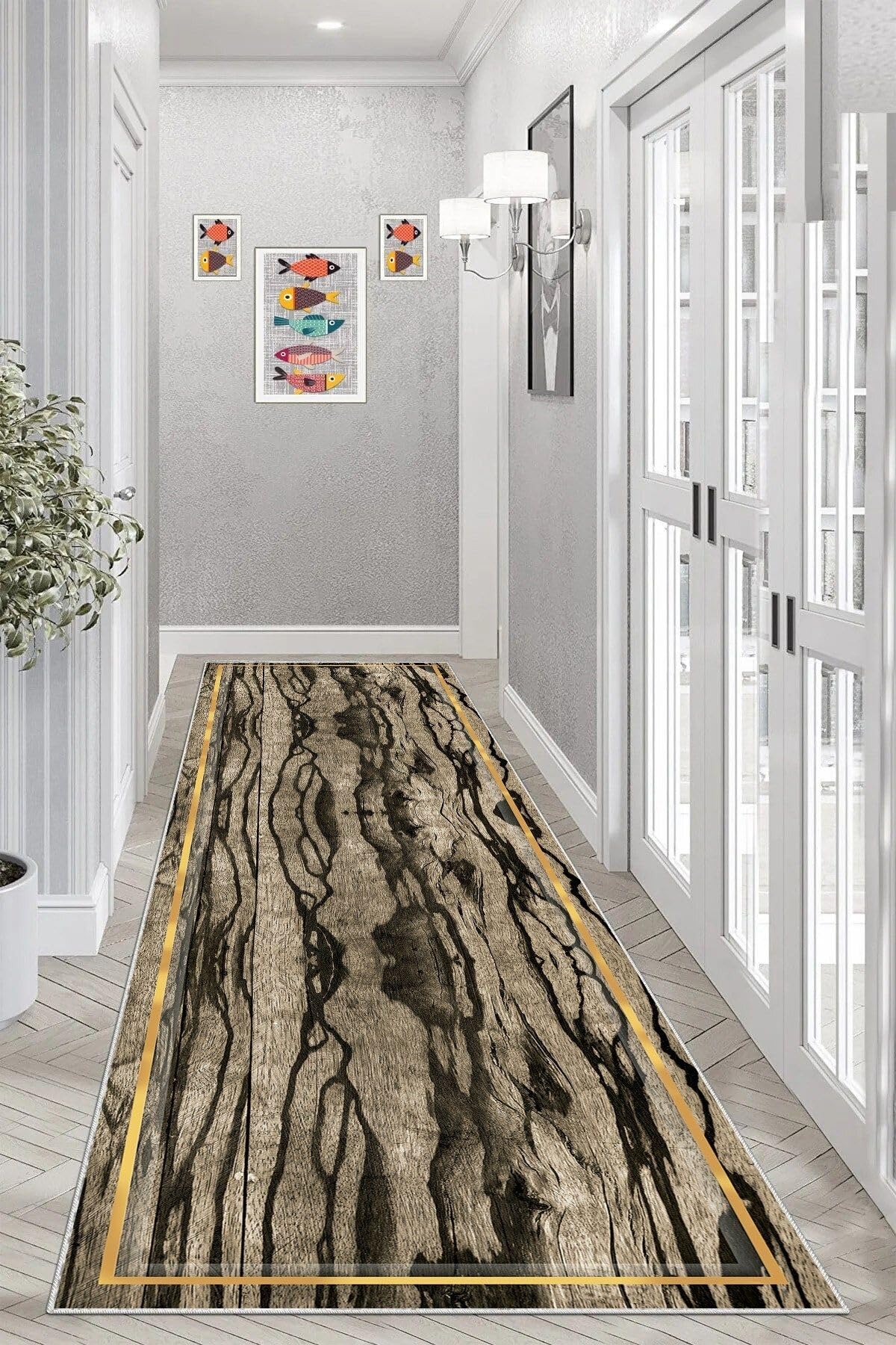 Pelangi Ağaç Gövdesi Mermer Desenli Dijital Baskı Yıkanabilir Kaymaz Taban Salon Halı ve Yolluk, Gold-Kahve 100 x 400, 95548961004007