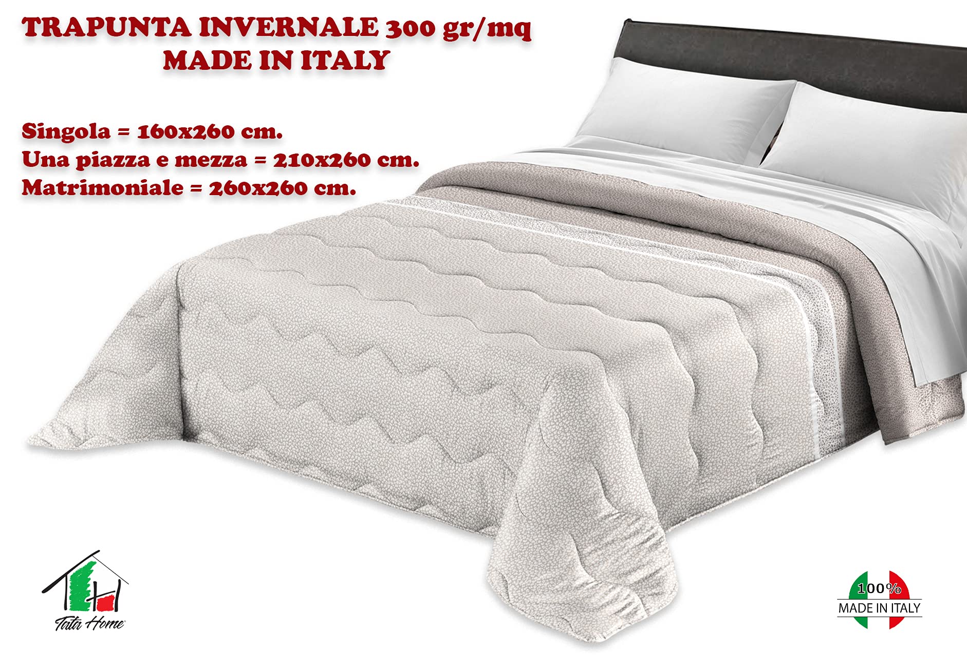 Tata Home Trapunta Invernale Matrimoniale Imbottita 300 gr/mq Piumone Caldo Letto Due Piazze 260x260 cm Fantasia Elegante Maculata Made in Italy MOD. Borbon Colore Beige Panna